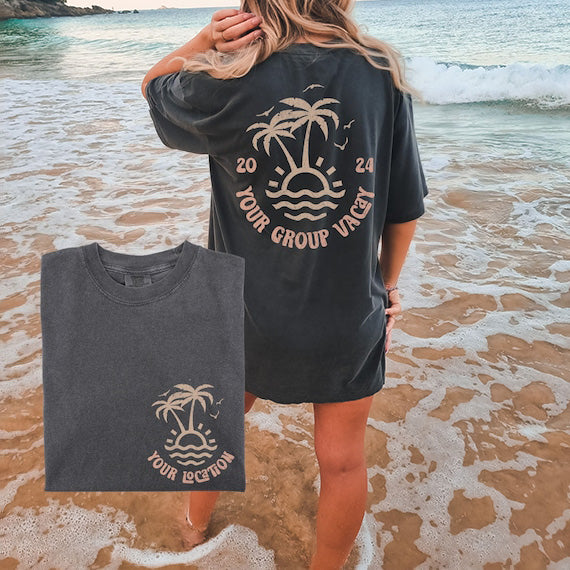 Woman wearing custom matching family beach vacation shirt with peach retro palm tree design in comfort colors pepper