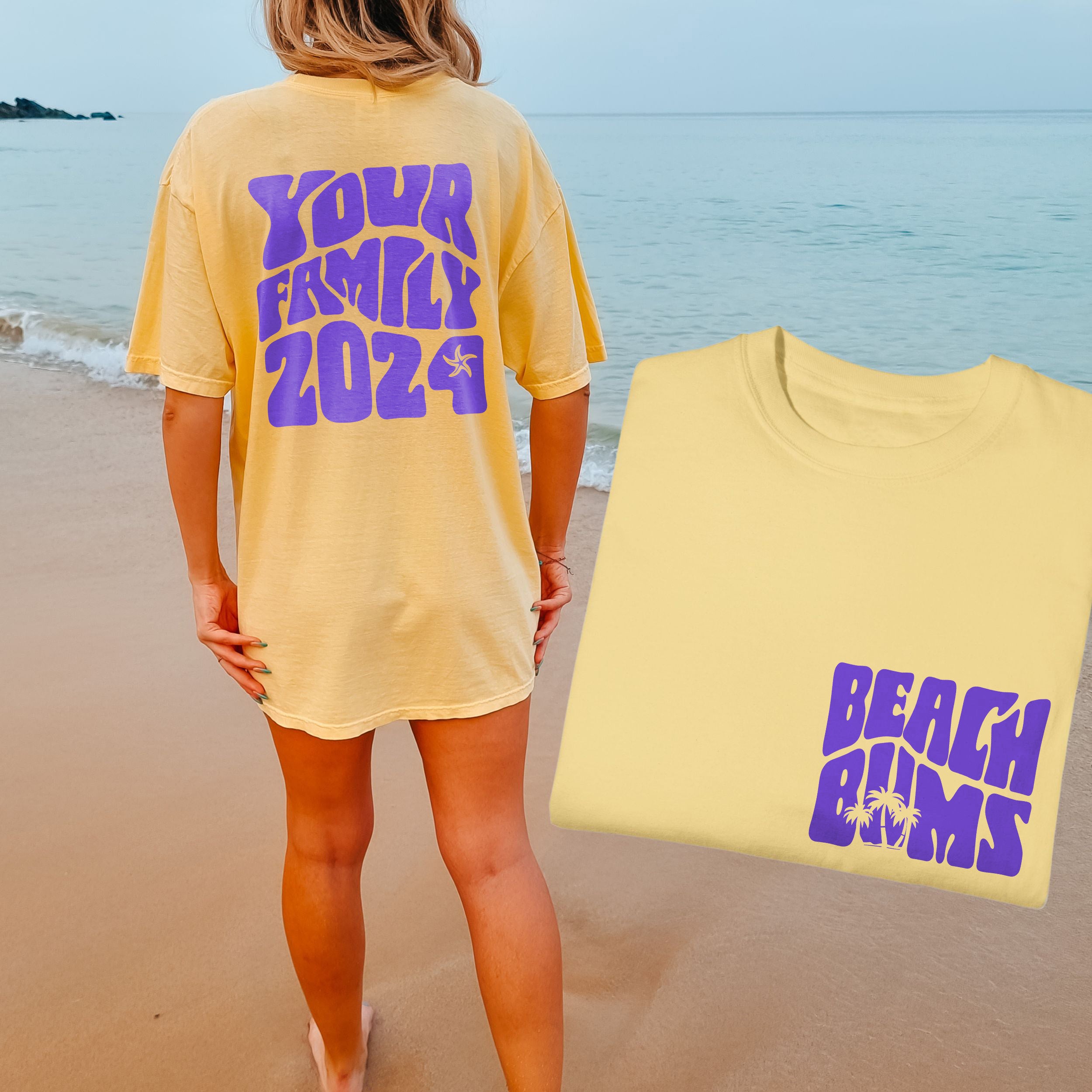 Woman wearing matching family vacation shirt with retro beach bums design in comfort colors butter