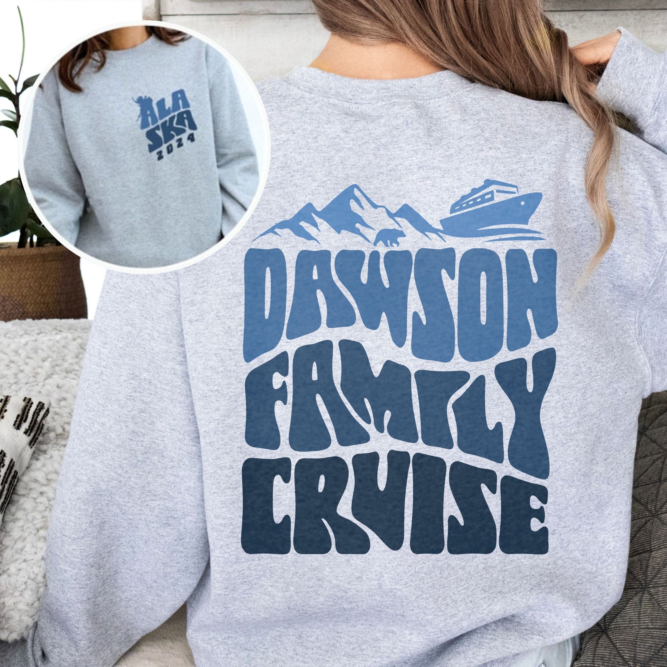 Woman wearing custom matching family Alaska cruise shirt for group Alaskan vacation. Shown in gray crewneck sweatshirt