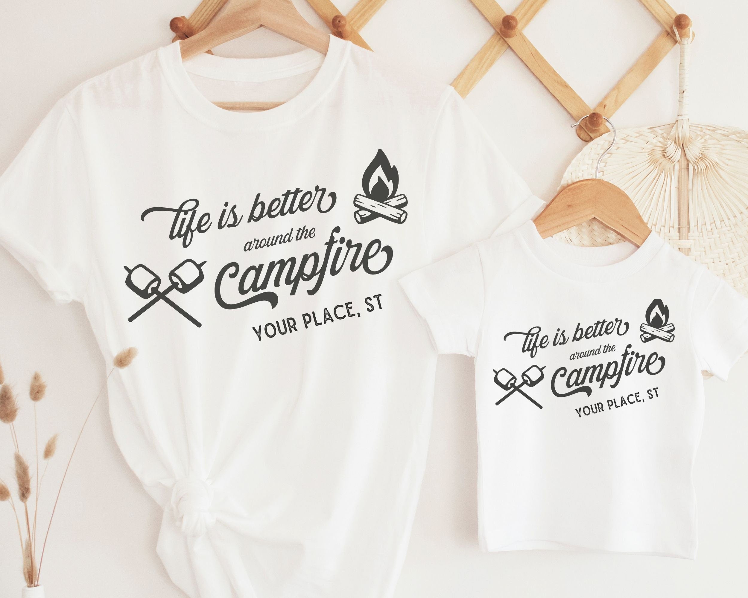 Adult and kid sized Custom matching family camping shirts with life is better around the campfire design on white shirts
