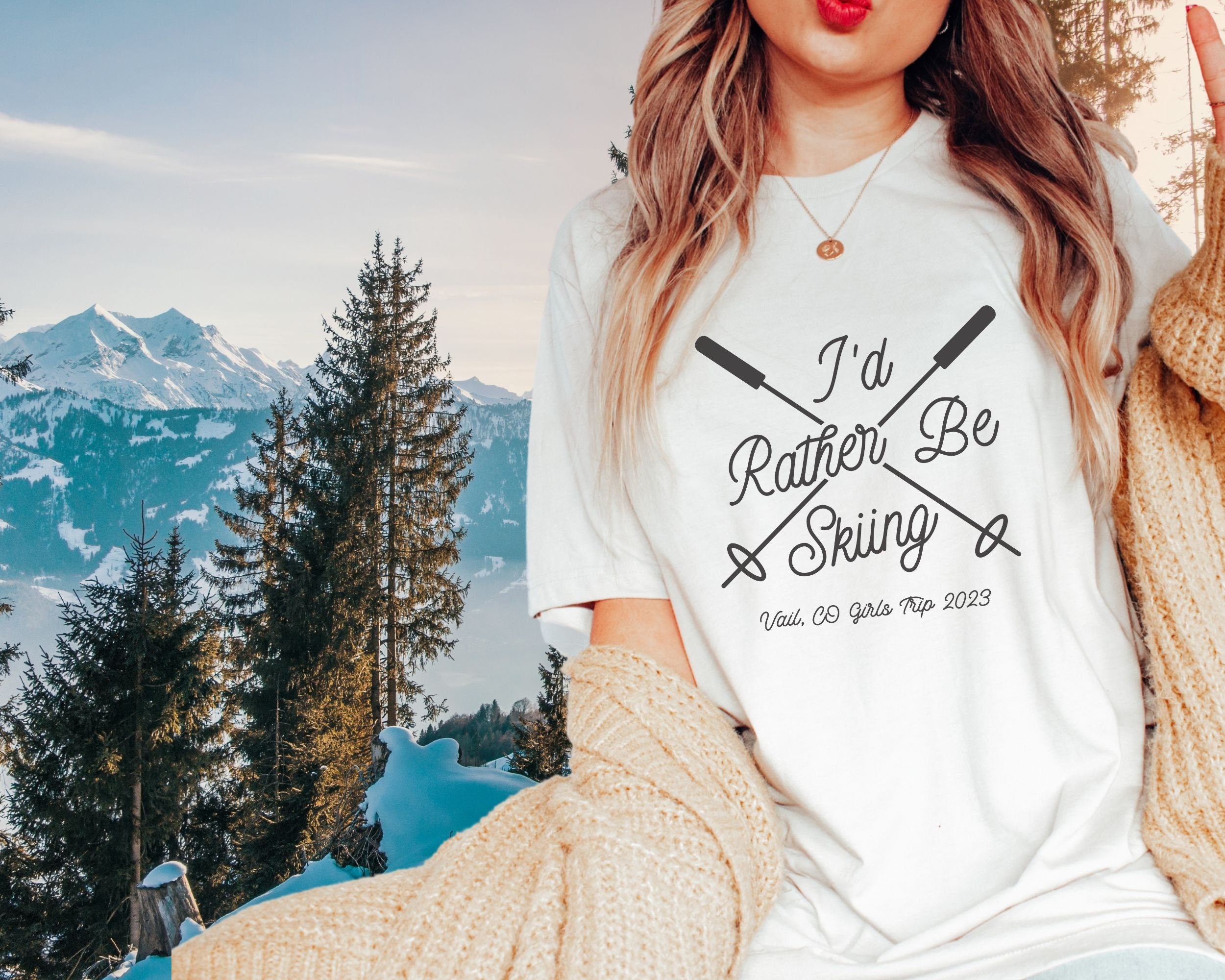 woman wearing custom matching family winter vacation shirts with I&