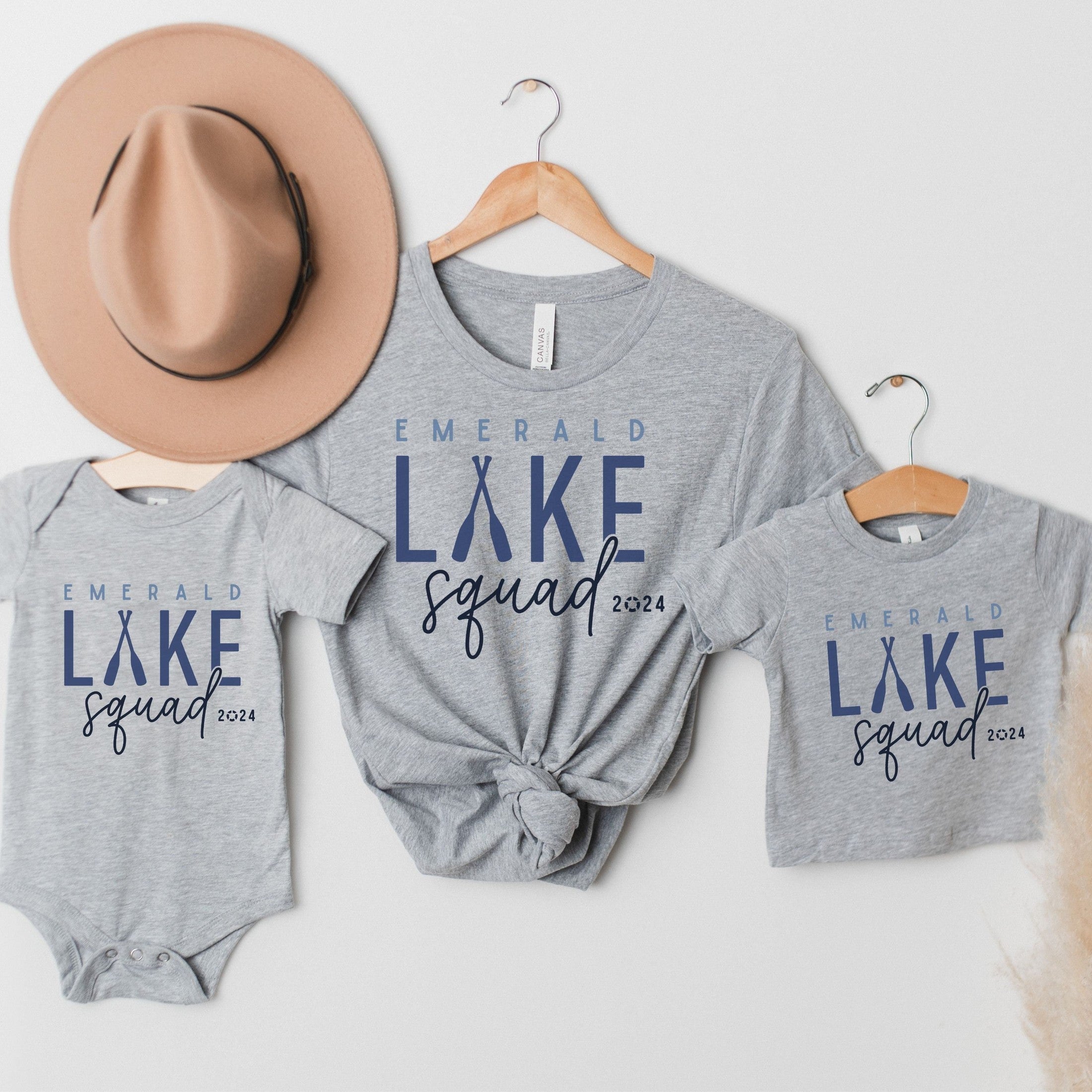 infant toddler and adult size custom matching family Lake Squad shirts personalized with name and year. Perfect for group lake vacations, shown in gray tshirts