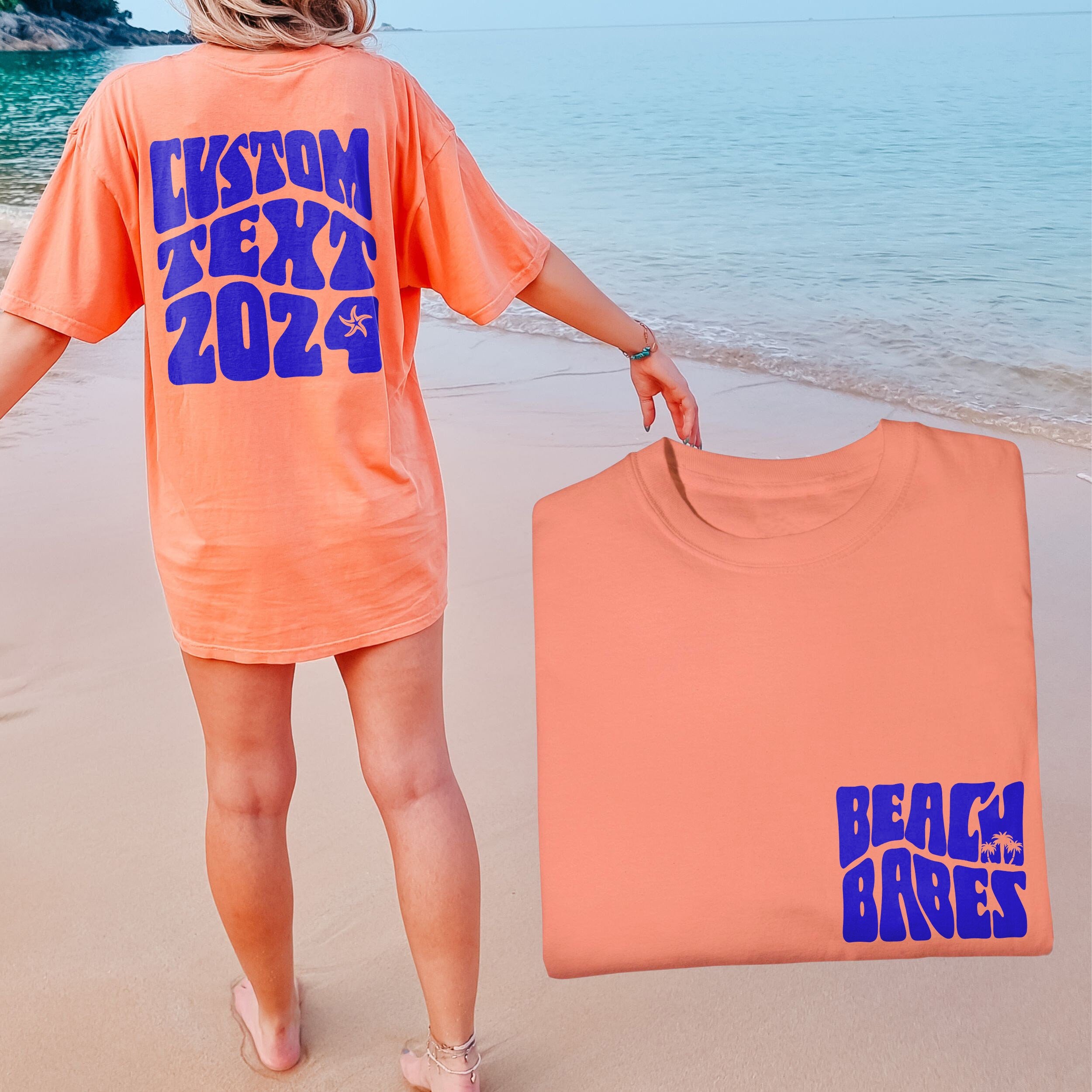 Woman wearing matching family vacation shirt with retro beach bums design in comfort colors terracotta