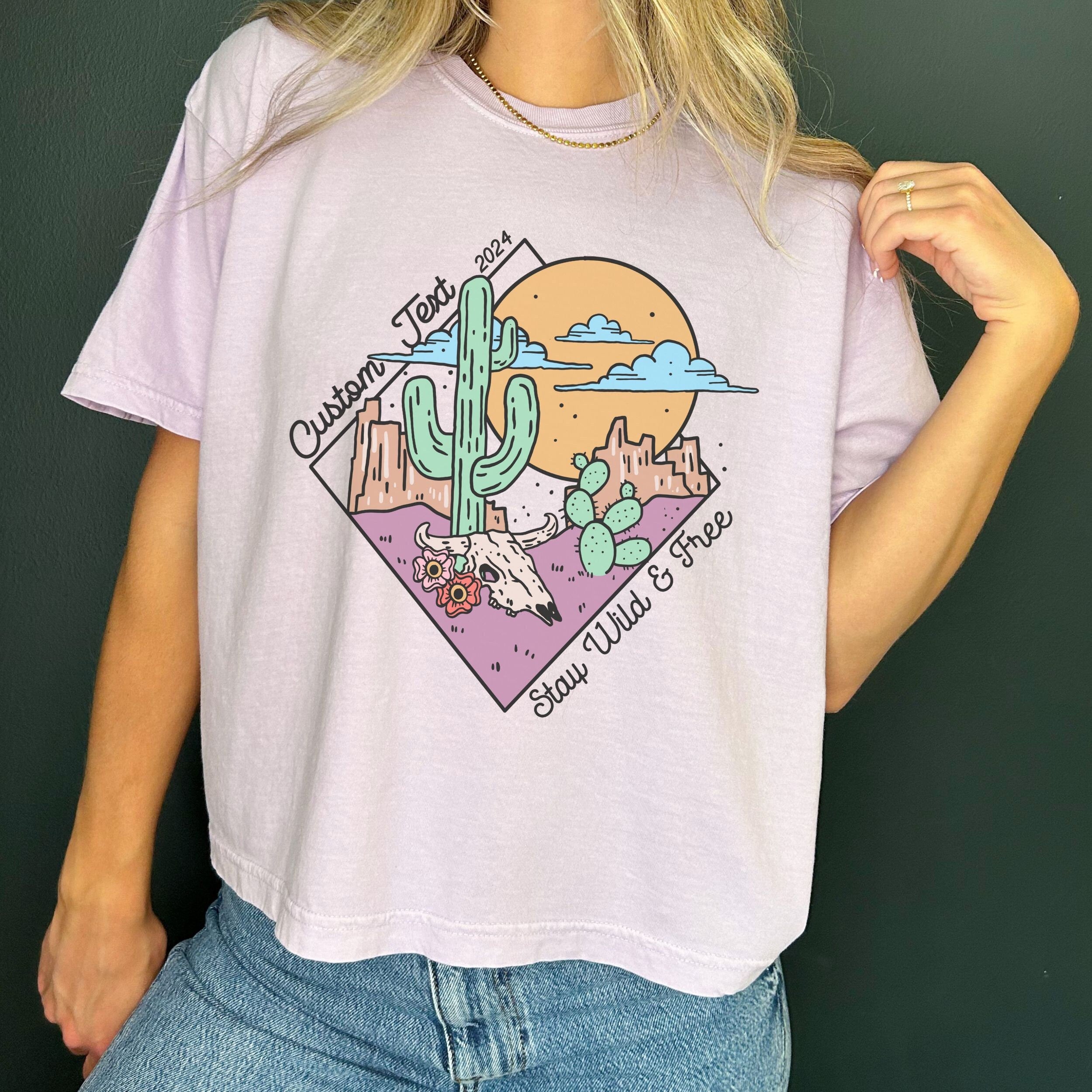 Boho desert retro cactus cow skull bach bachelorette girls trip matching desert shirts custom personalized crop cropped comfort colors