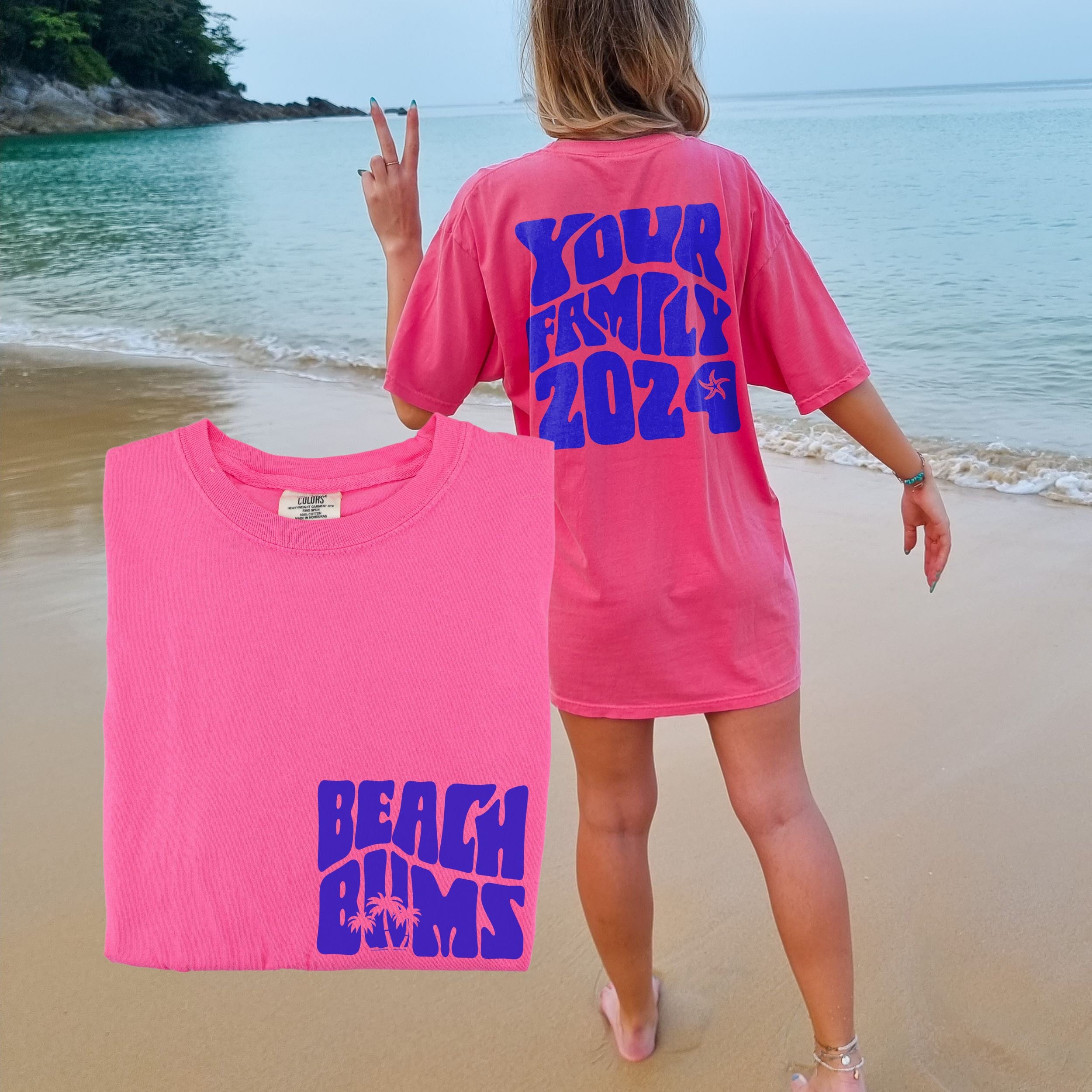 Woman wearing matching family vacation shirt with retro beach bums design in comfort colors watermelon