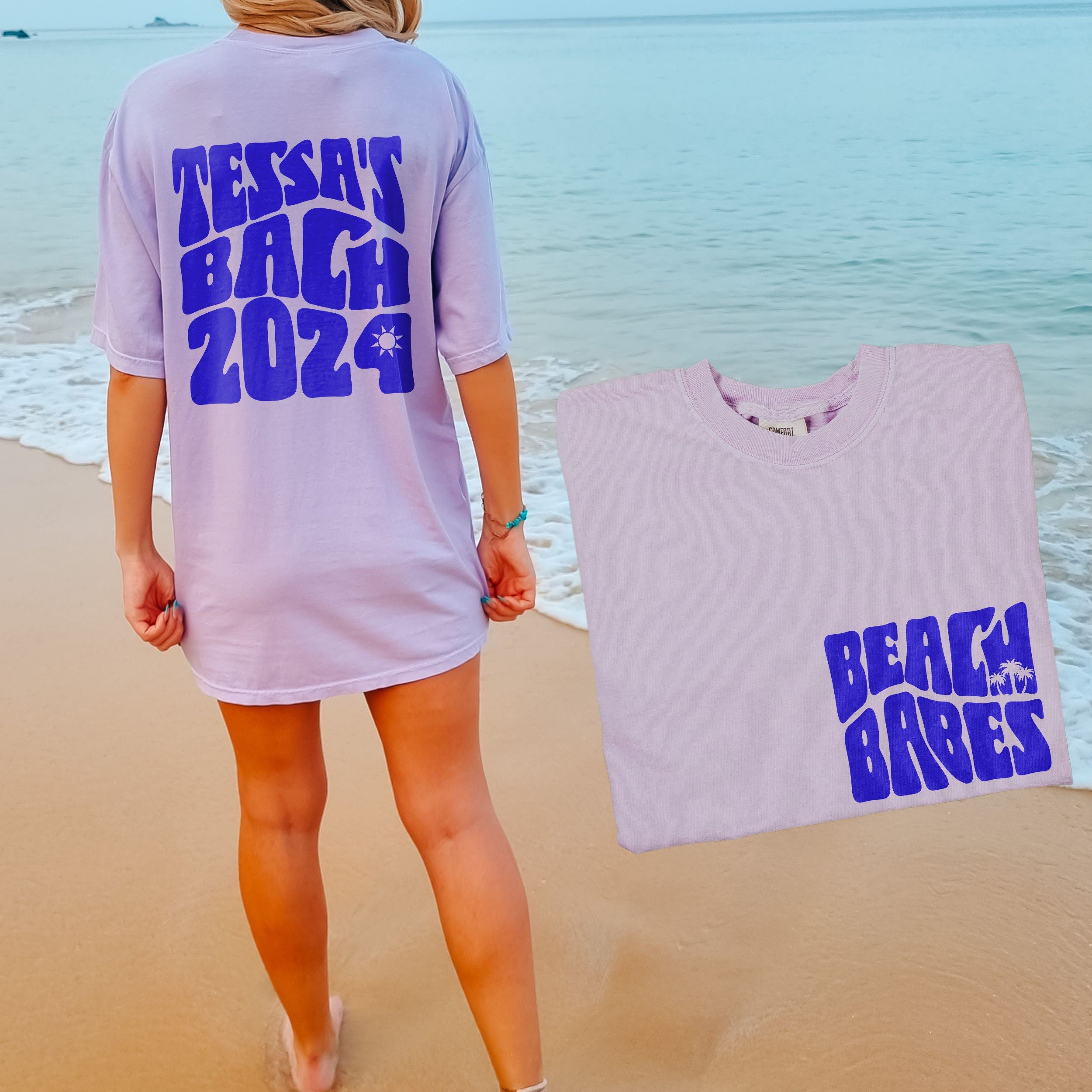 Woman wearing matching family vacation shirt with retro beach bums design in comfort colors orchid