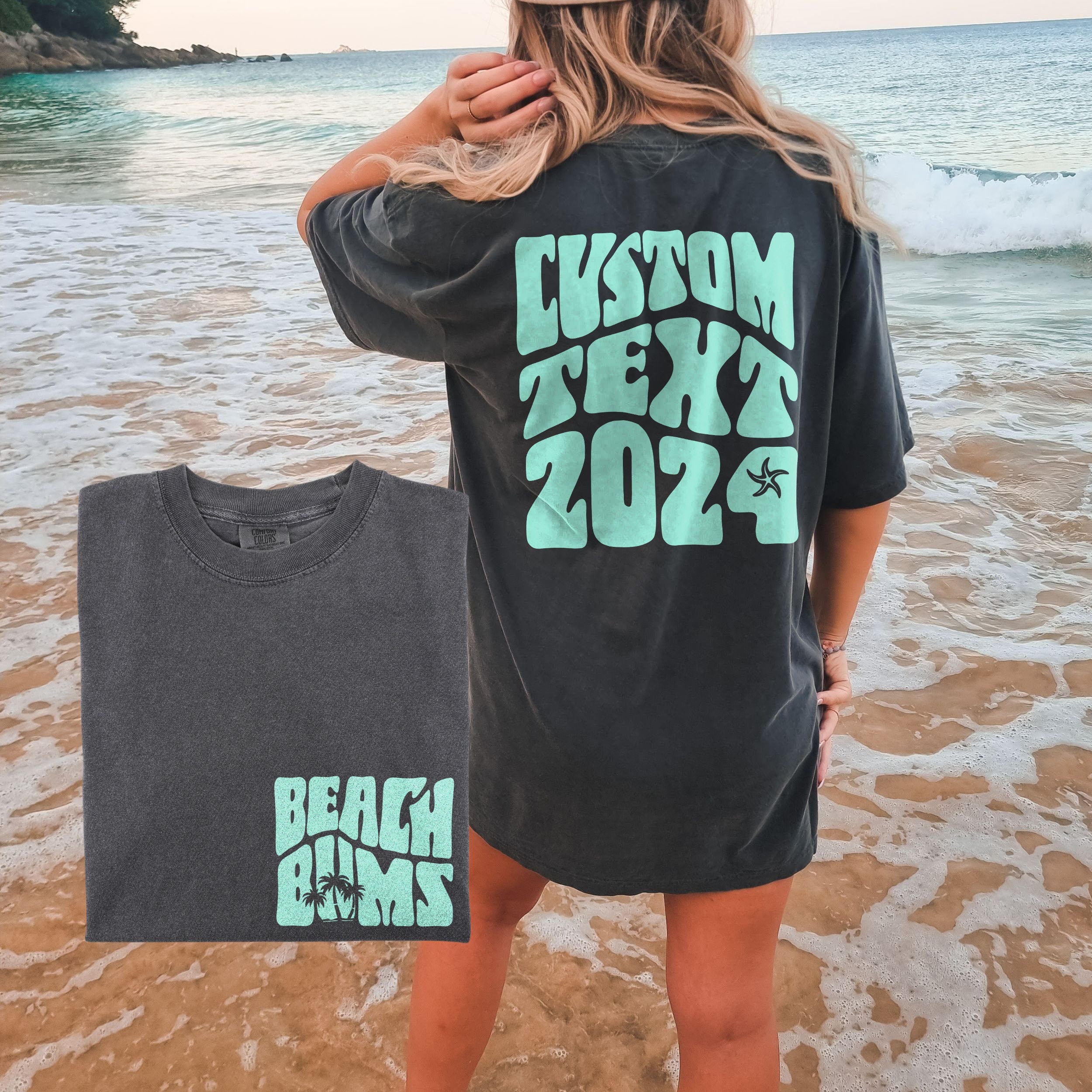 Woman wearing matching family vacation shirt with retro beach bums design in comfort colors pepper