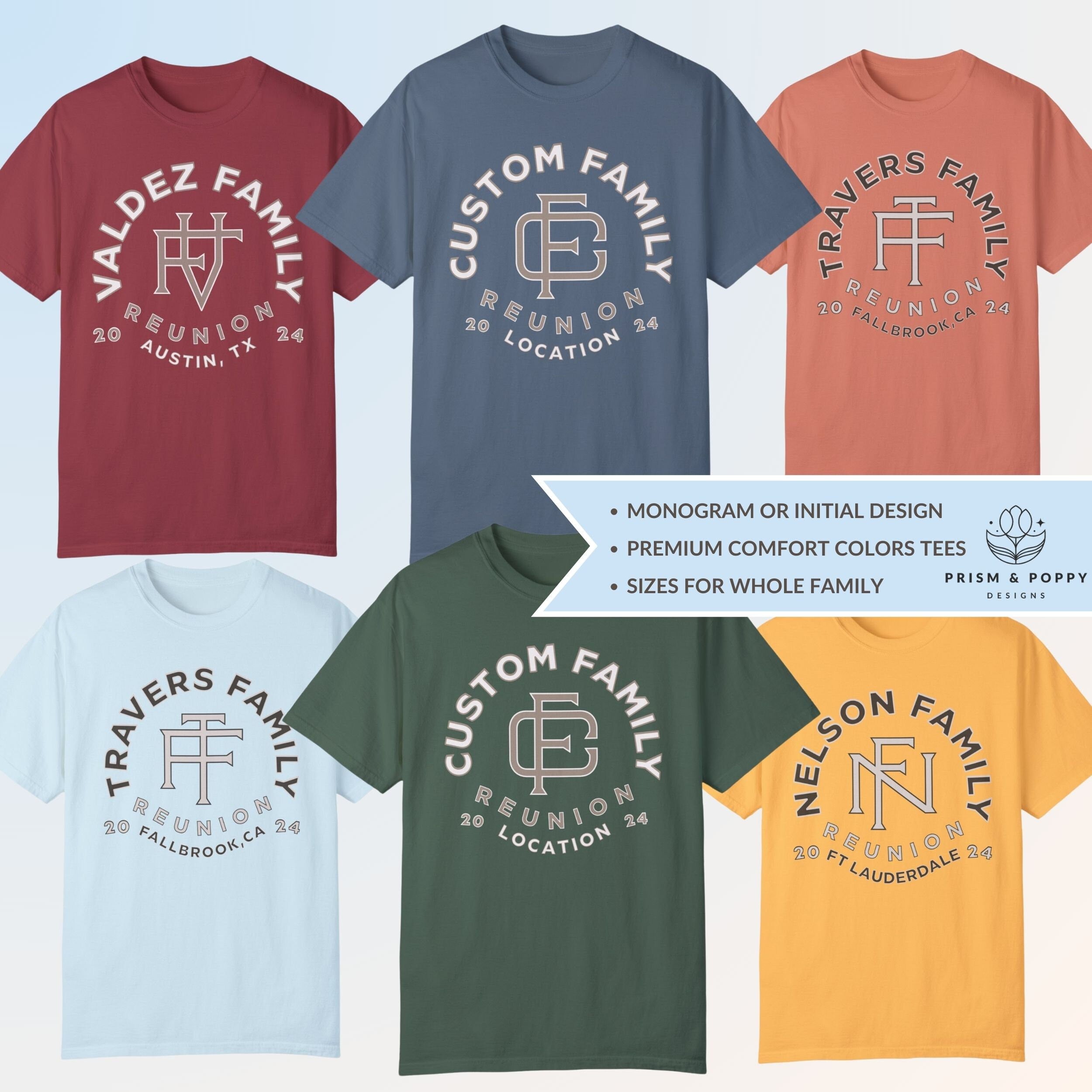trendy family reunion shirts toddler kids adult unisex comfort colors monogram initial custom family name reunion tshirts matching group personalized last name shirts for reunion