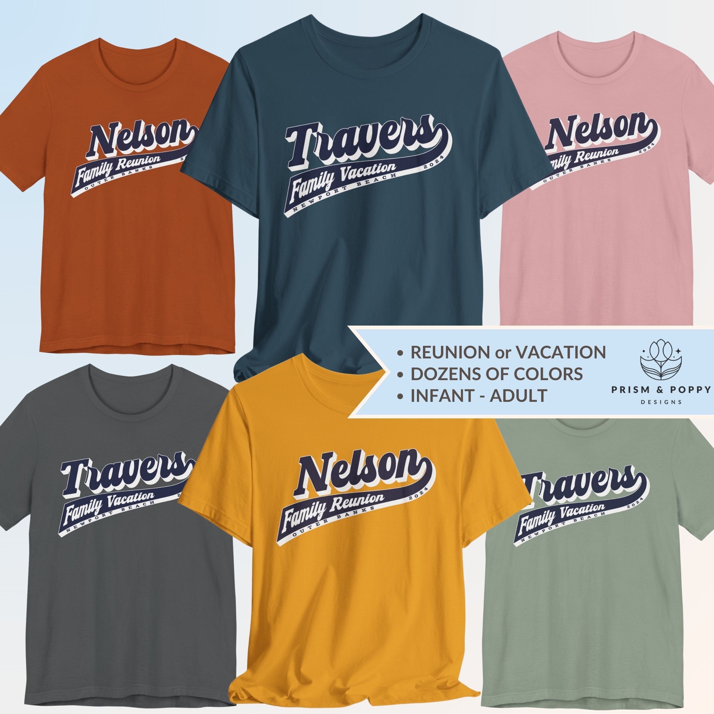 Custom Family Vacation Shirts, Varsity Team Style, Personalized Family Reunion Shirts for Matching Group, Infant Toddler Kids Adult Sizes