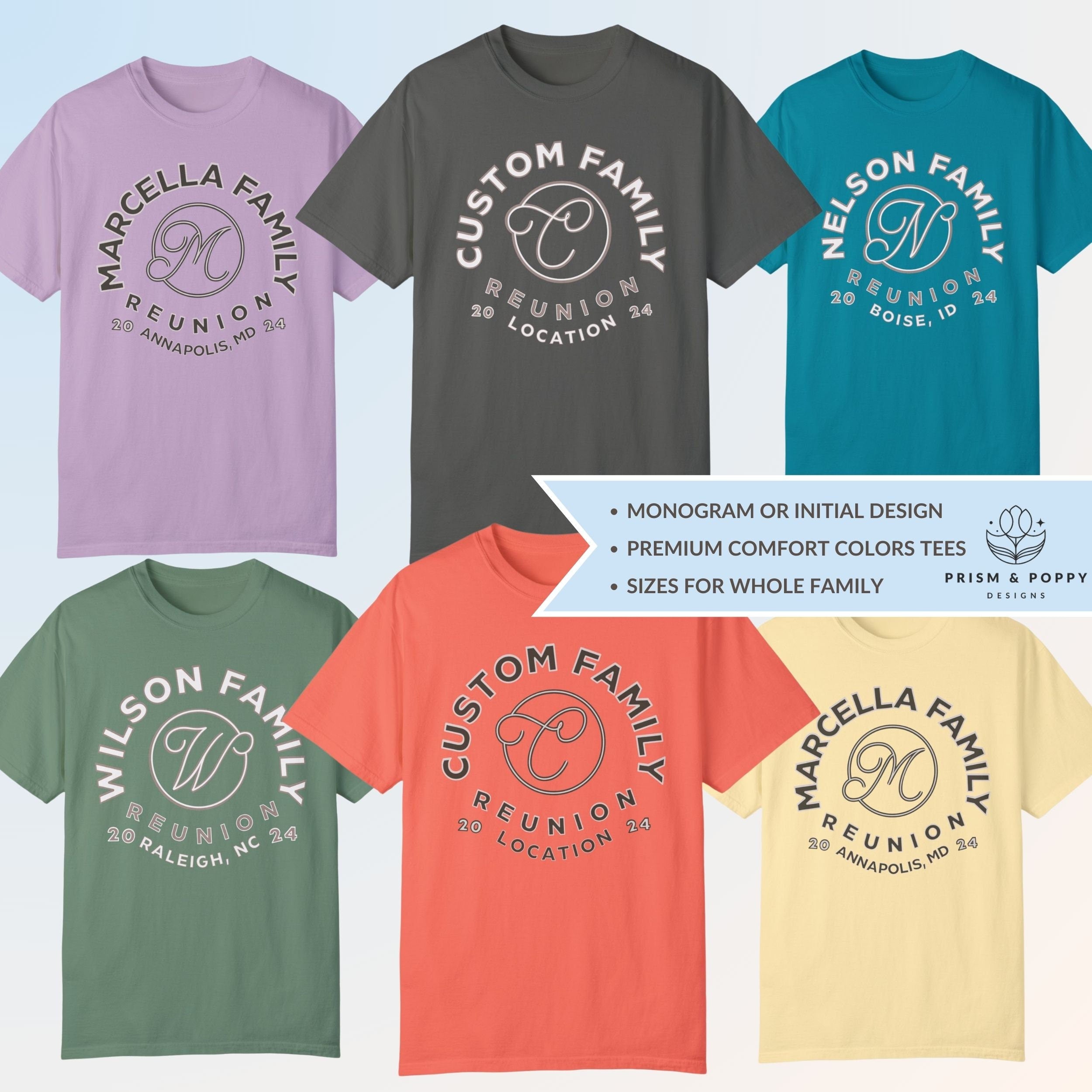 trendy family reunion shirts toddler kids adult unisex comfort colors monogram initial custom family name reunion tshirts matching group personalized last name shirts for reunion