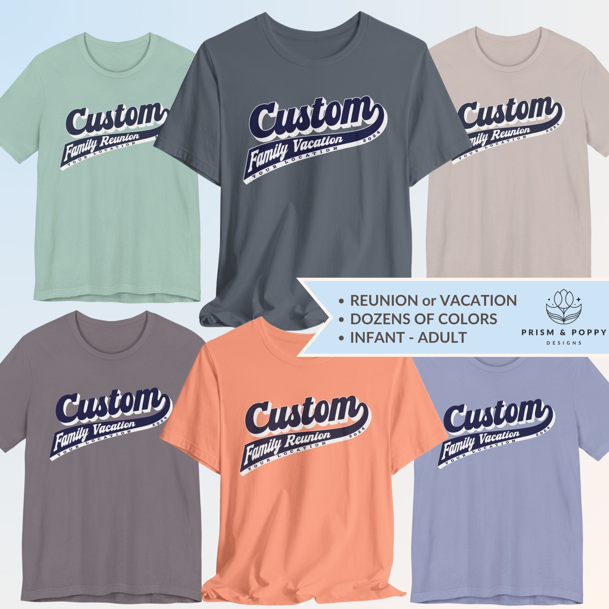 Custom Family Vacation Shirts, Varsity Team Style, Personalized Family Reunion Shirts for Matching Group, Infant Toddler Kids Adult Sizes
