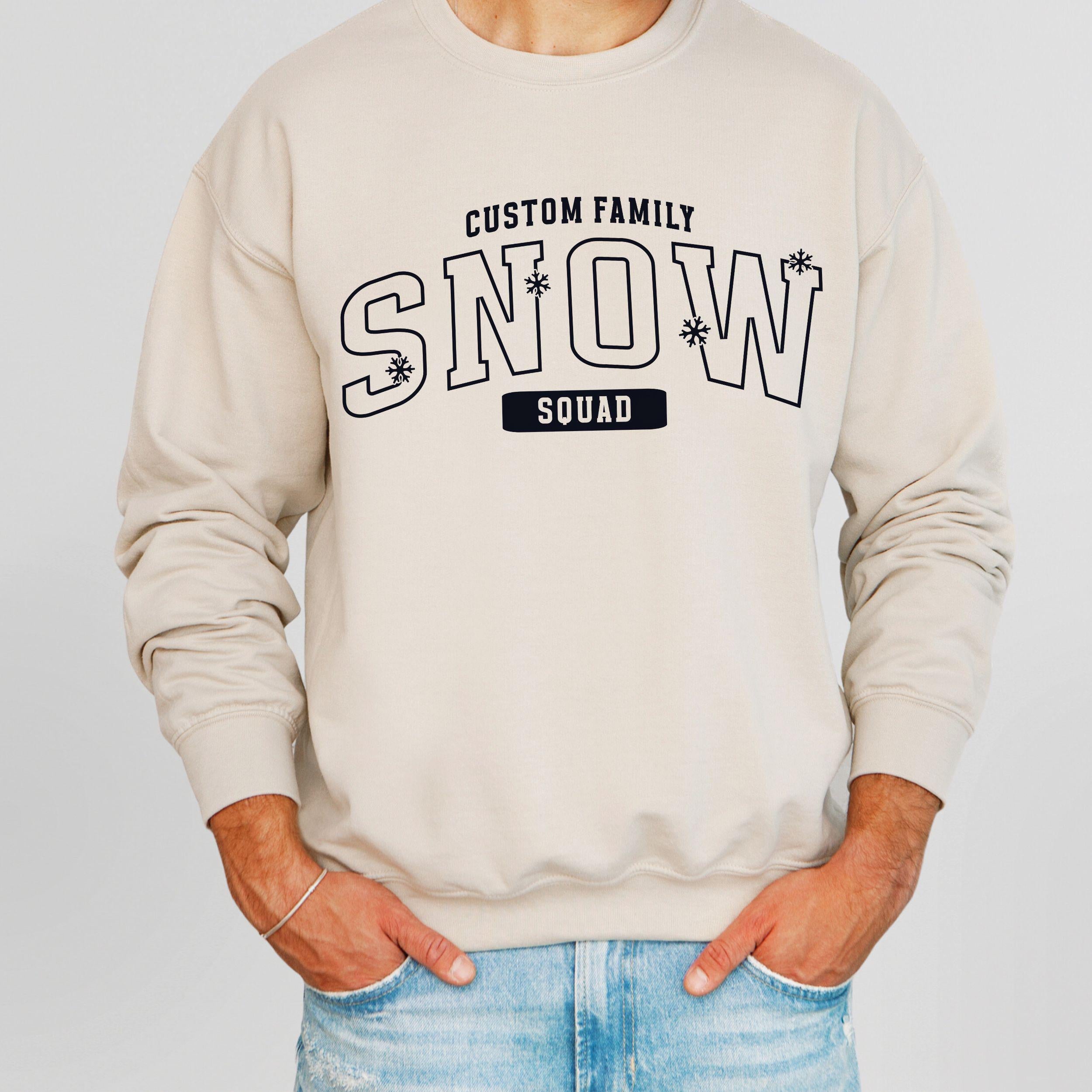 Family Ski Trip Sweatshirt, Snow Squad Custom Matching Ski Weekend Merch Kids & Adults, Varsity Personalized Last Name Winter Mountain Shirt