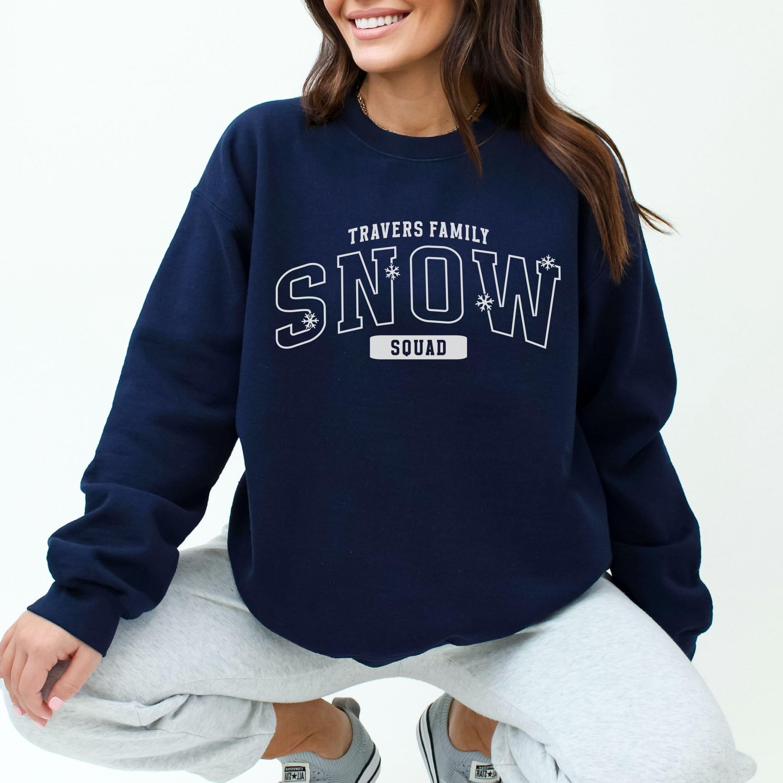 Family Ski Trip Sweatshirt, Snow Squad Custom Matching Ski Weekend Merch Kids & Adults, Varsity Personalized Last Name Winter Mountain Shirt