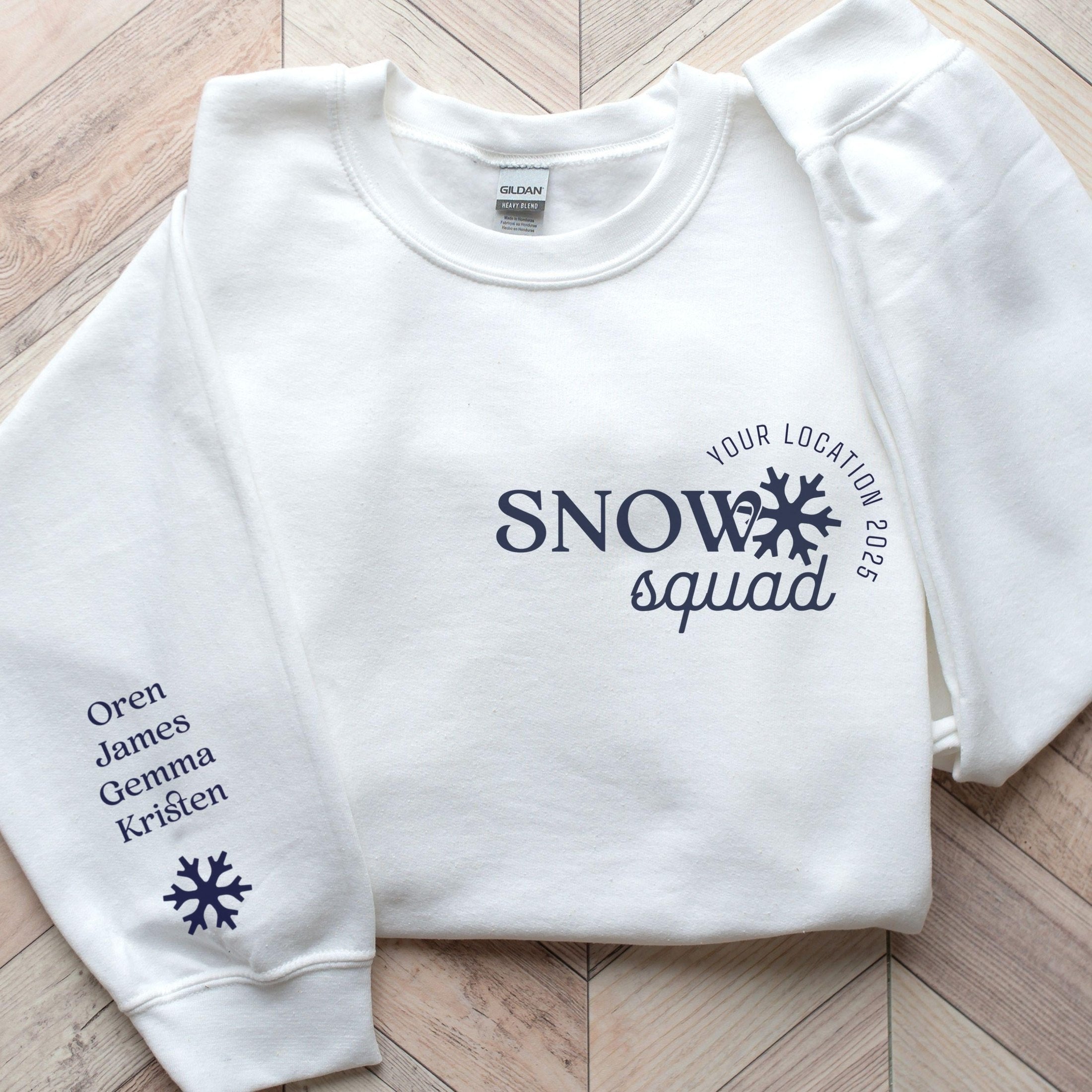 Custom matching family snow Squad sweatshirt for group ski weekend mountain vacation with sleeve print for names shown in white