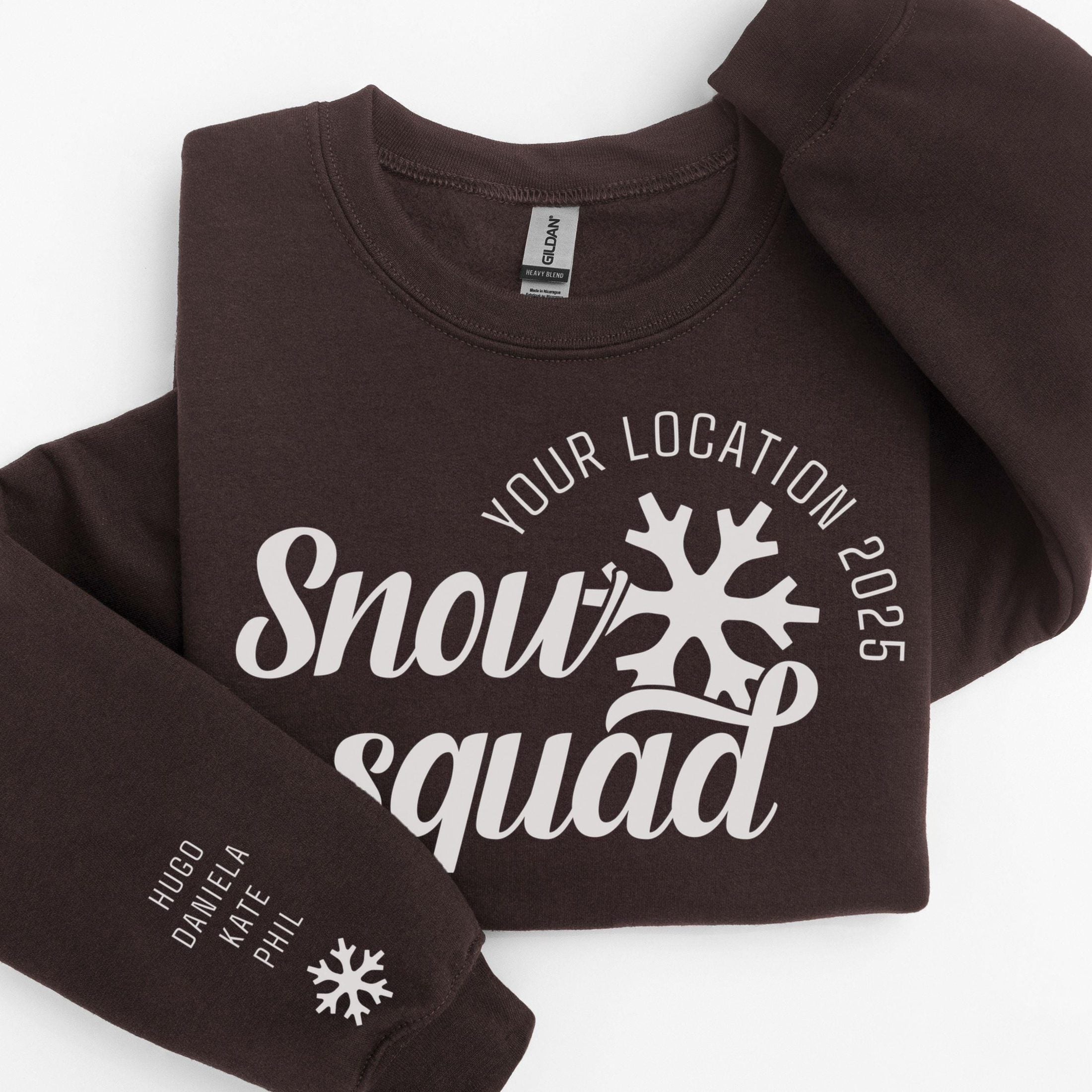 Custom matching family snow Squad sweatshirt for group ski weekend mountain vacation with sleeve print for names shown in dark chocolate