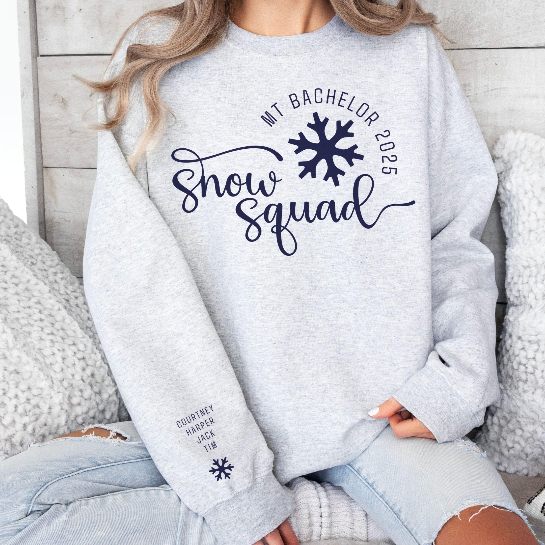 Custom matching family snow Squad sweatshirt for group ski weekend mountain vacation with sleeve print for names shown in ash