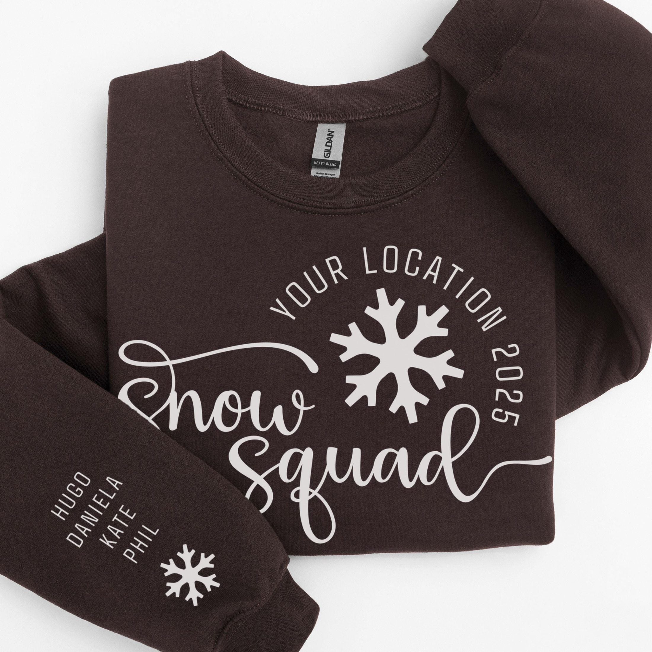 Custom matching family snow Squad sweatshirt for group ski weekend mountain vacation with sleeve print for names shown in dark chocolate