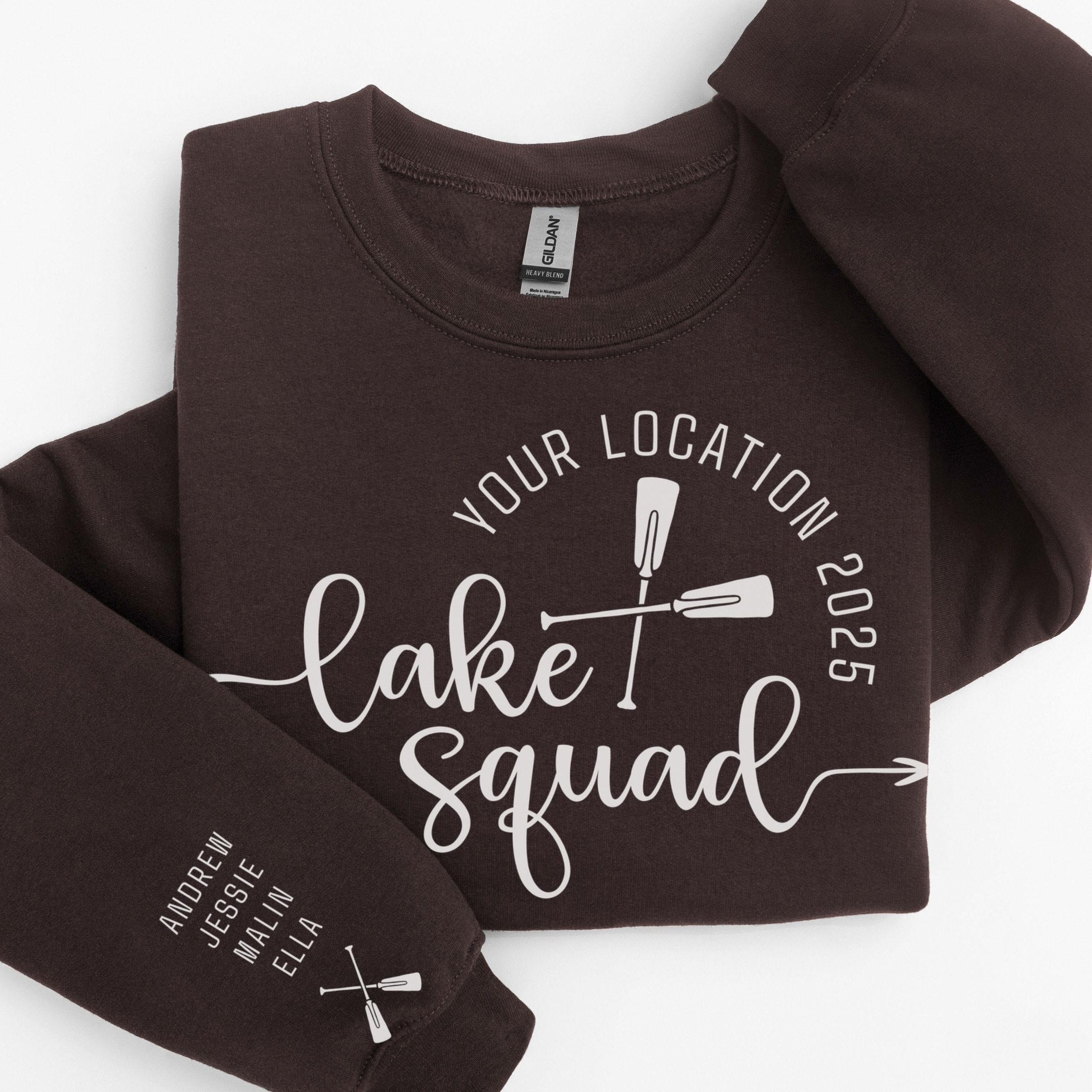 Custom matching family Lake Squad sweatshirt for group lake life vacation with sleeve print for names shown in Dark Chocolate