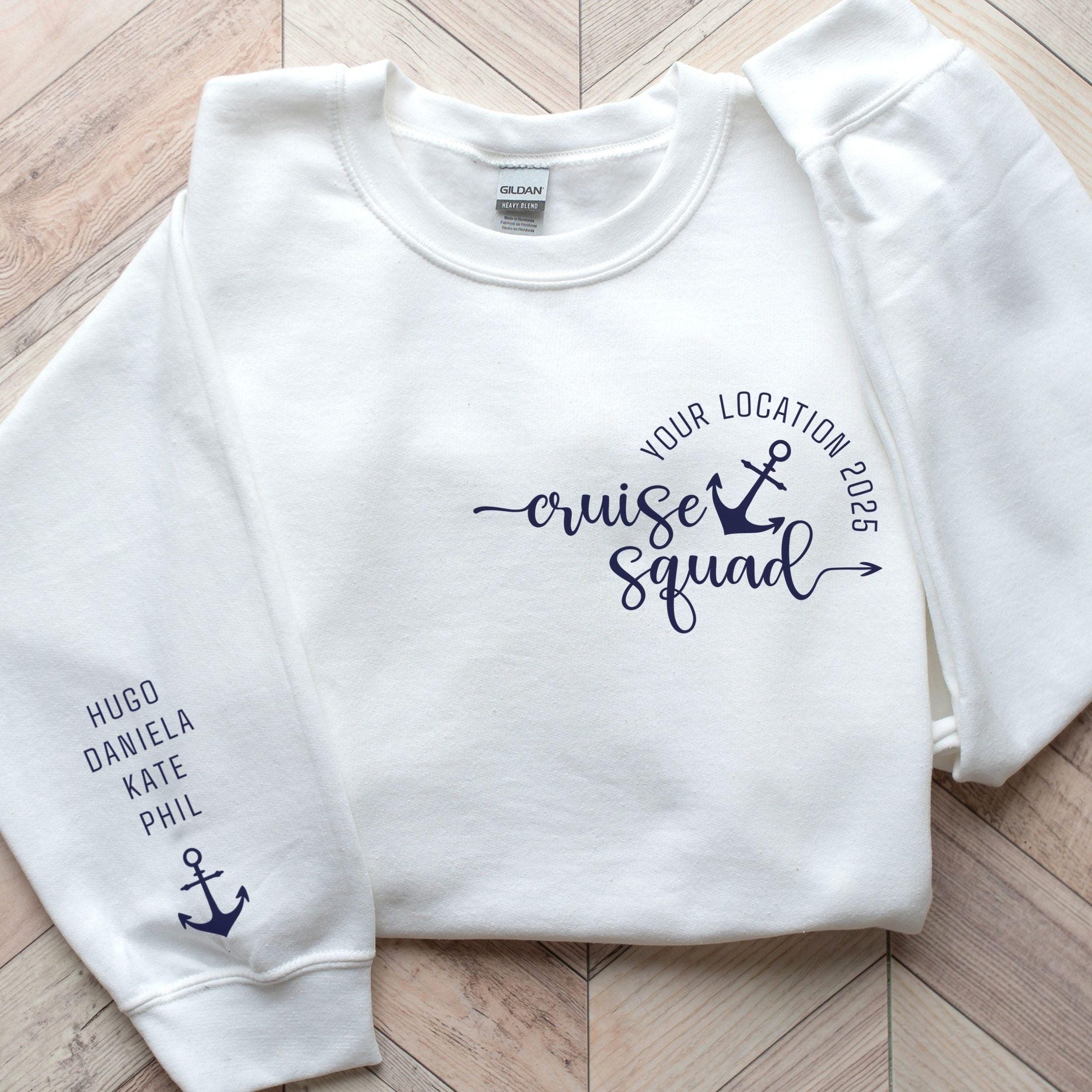 Custom matching cruise squad sweatshirt for family or group cruising vacation with sleeve print for names shown in White