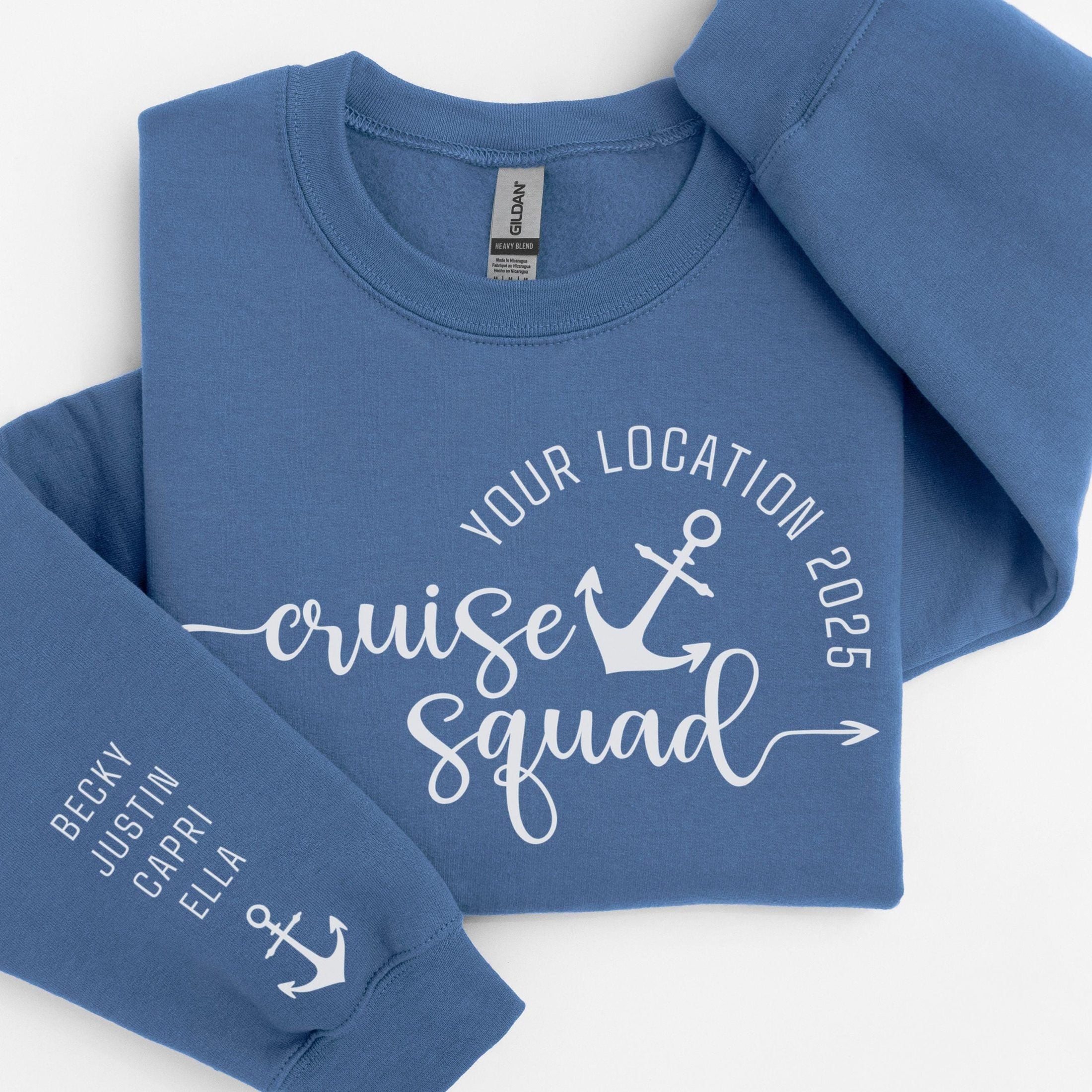 Custom matching cruise squad sweatshirt for family or group cruising vacation with sleeve print for names shown in Indigo