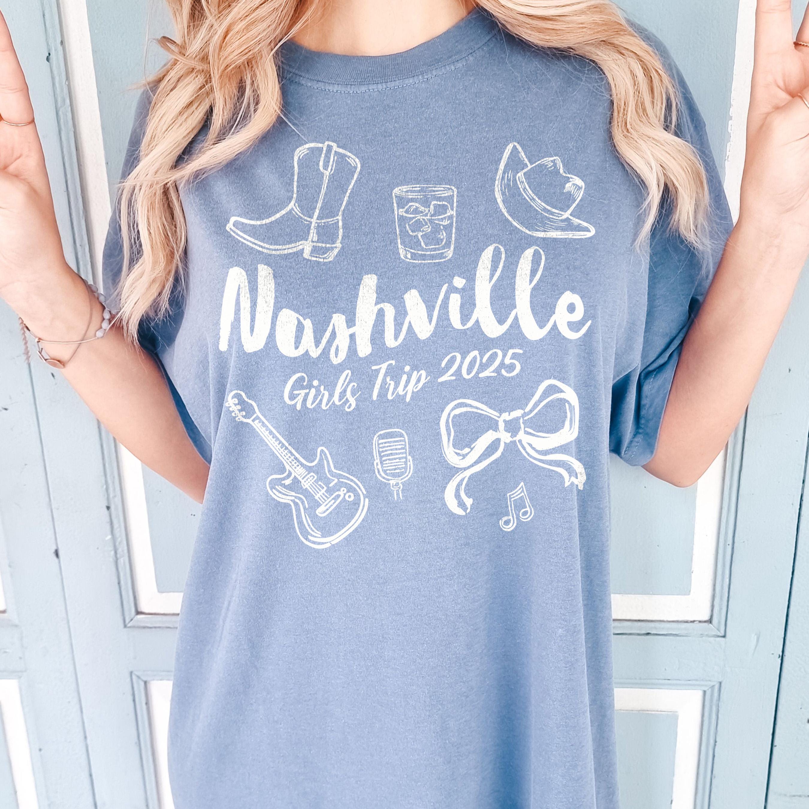 Nashville Girls Trip Shirts, Coquette Bow Comfort Colors® Girls Weekend Southern Travel Doodle TShirt Tennessee Matching Group Vacation