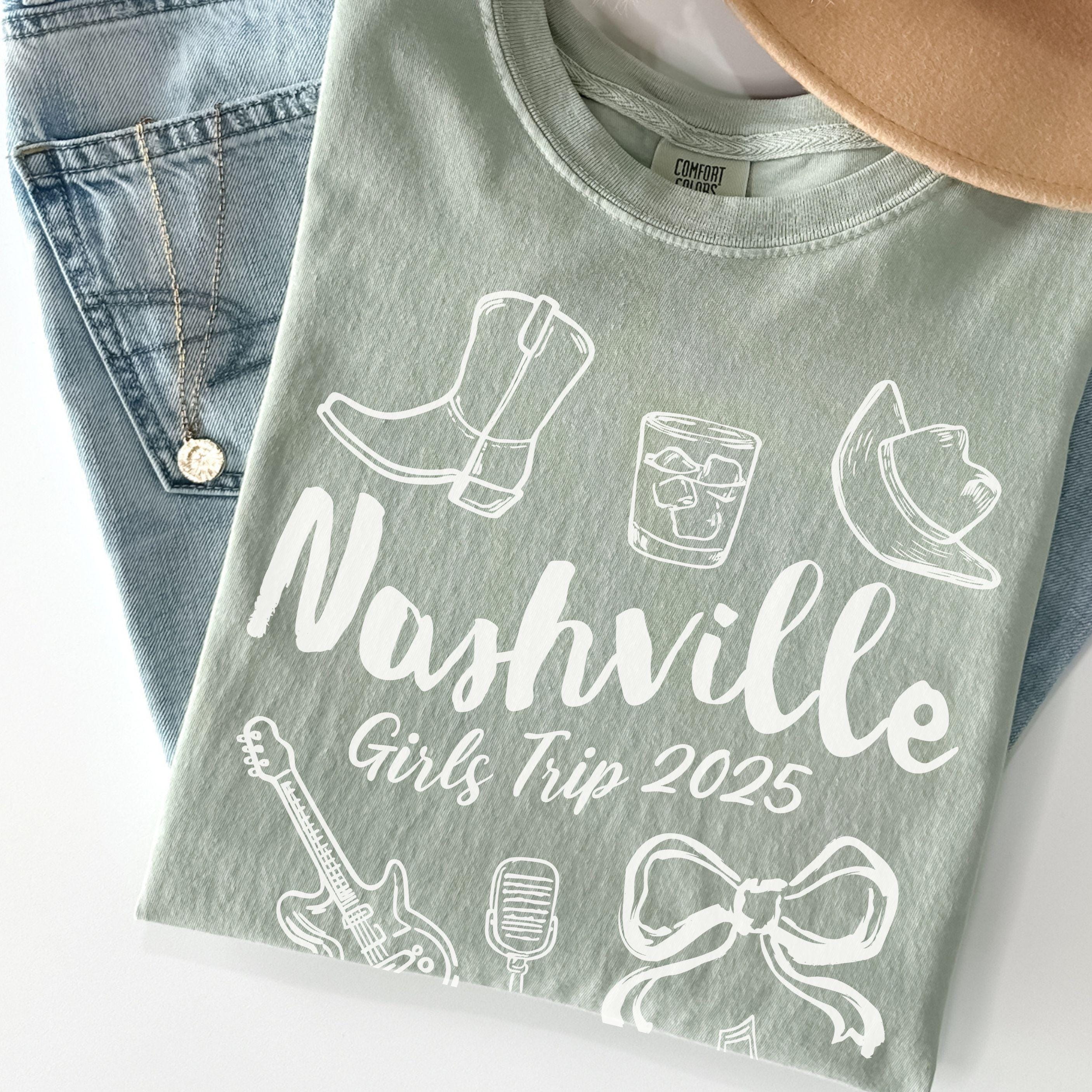 Nashville Girls Trip Shirts, Coquette Bow Comfort Colors® Girls Weekend Southern Travel Doodle TShirt Tennessee Matching Group Vacation