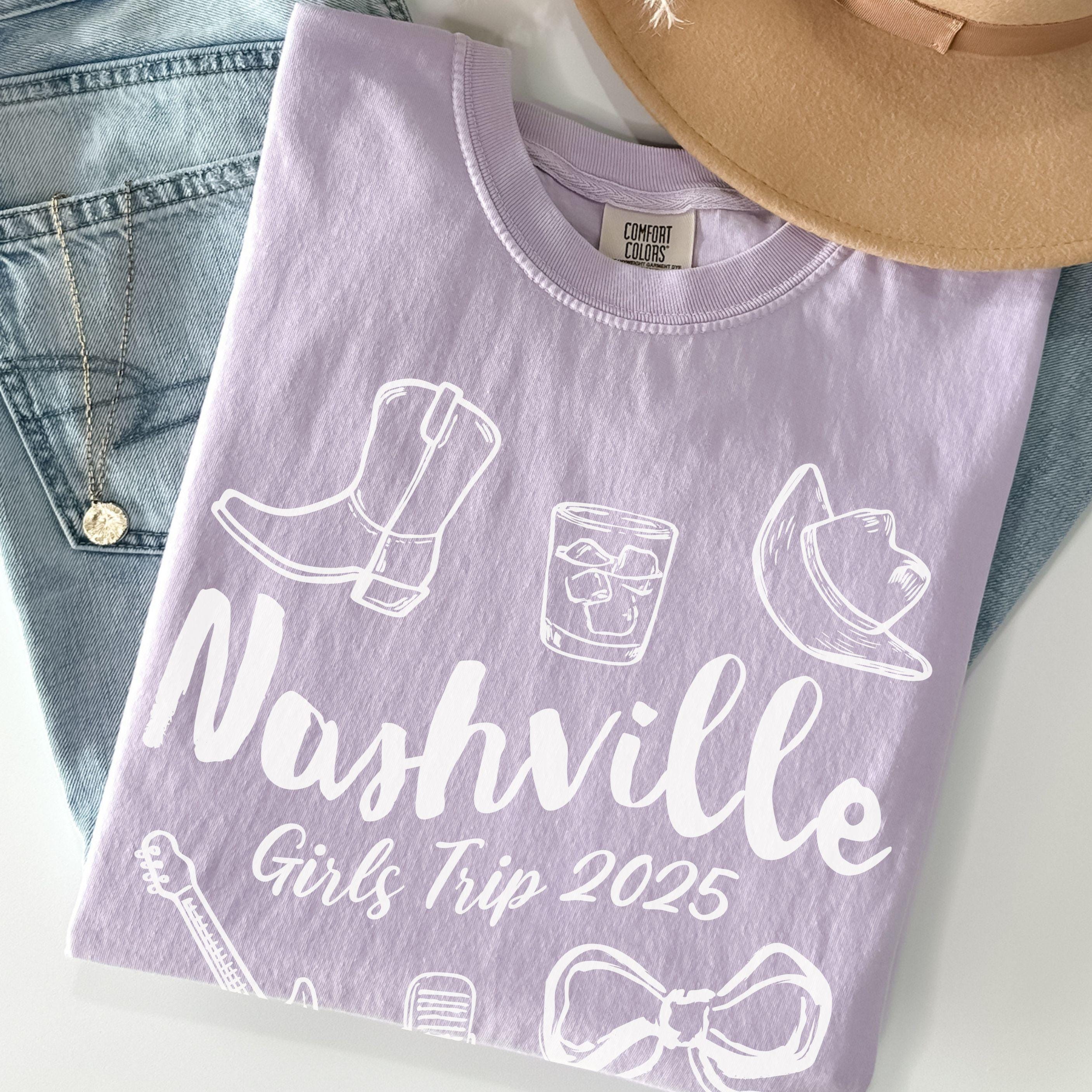 Nashville Girls Trip Shirts, Coquette Bow Comfort Colors® Girls Weekend Southern Travel Doodle TShirt Tennessee Matching Group Vacation
