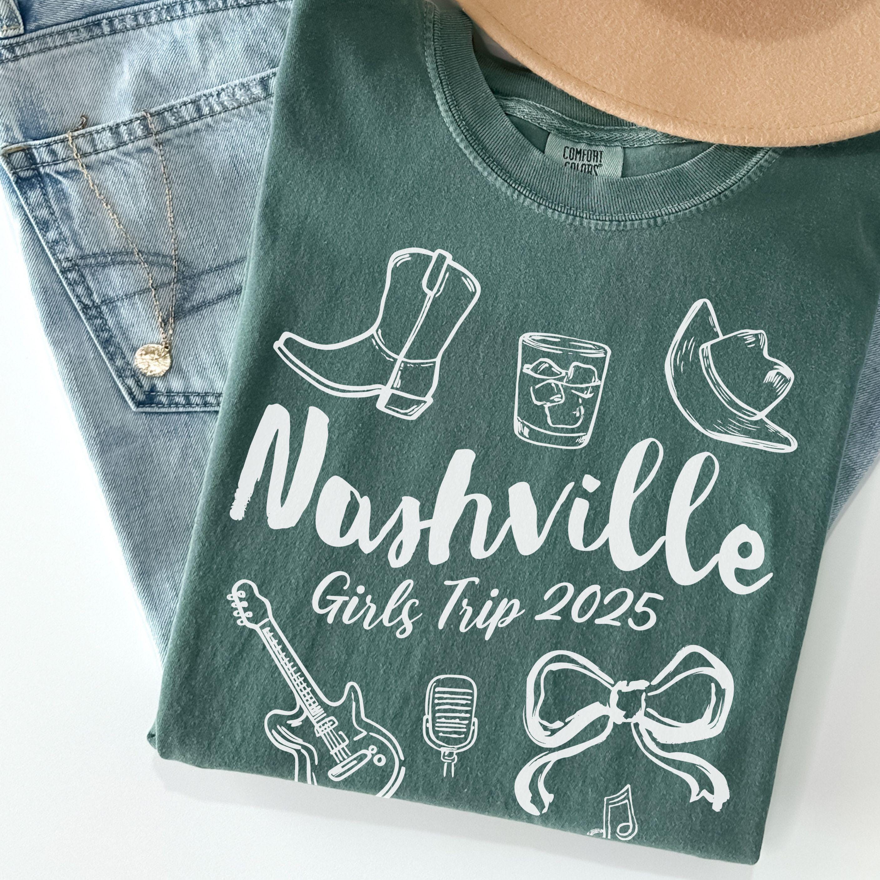 Nashville Girls Trip Shirts, Coquette Bow Comfort Colors® Girls Weekend Southern Travel Doodle TShirt Tennessee Matching Group Vacation
