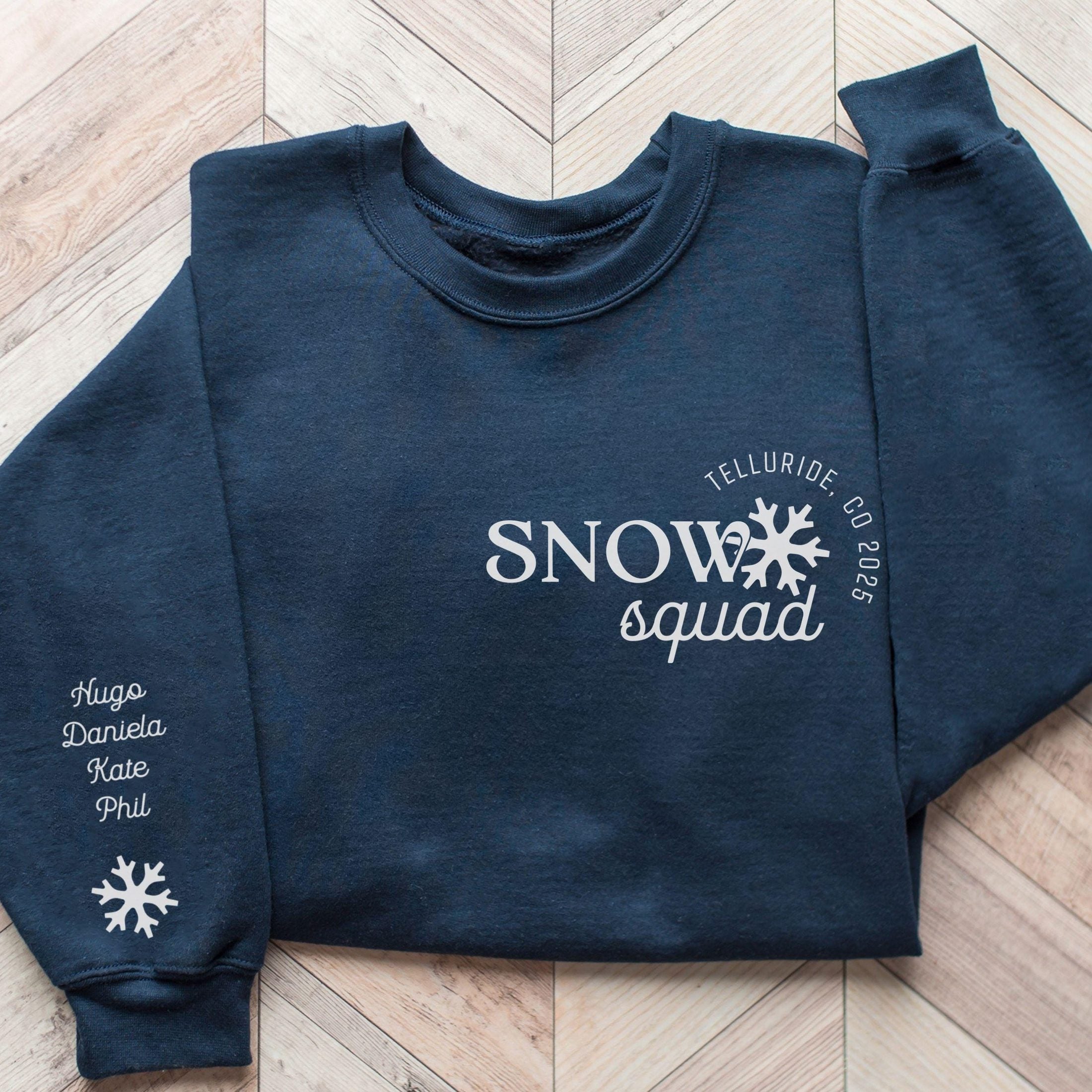 Custom matching family snow Squad sweatshirt for group ski weekend mountain vacation with sleeve print for names shown in navy