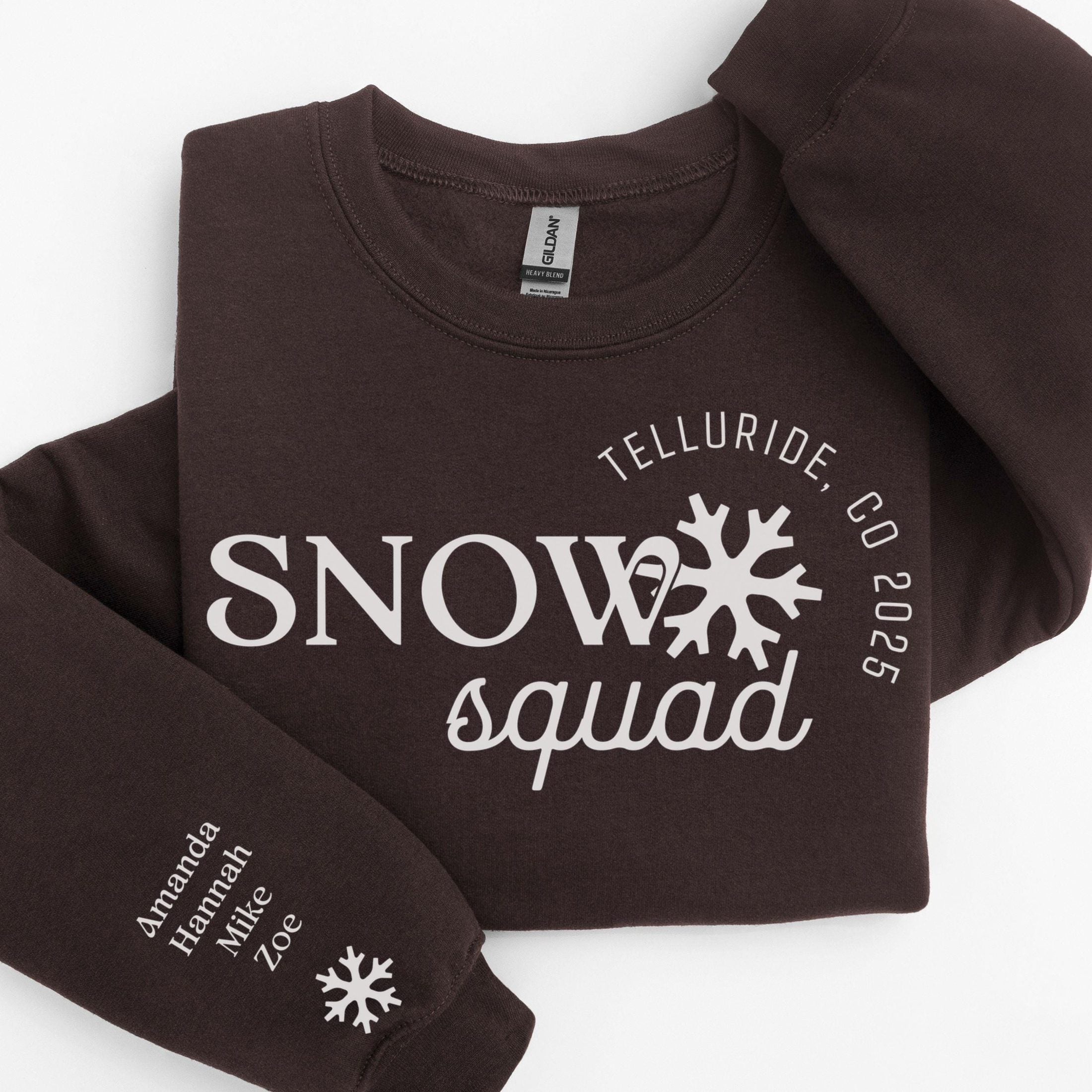 Custom matching family snow Squad sweatshirt for group ski weekend mountain vacation with sleeve print for names shown in dark chocolate
