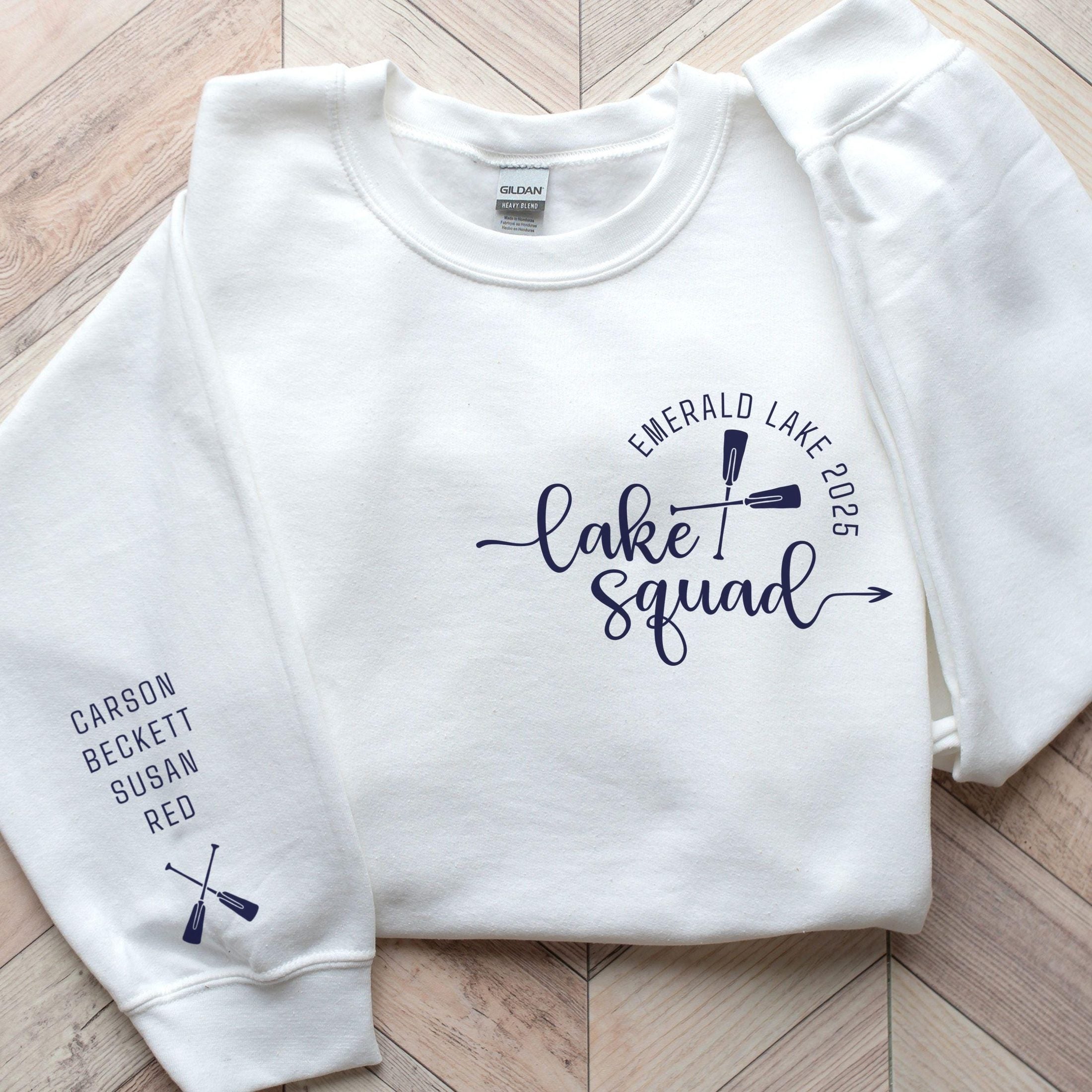 Custom matching family Lake Squad sweatshirt for group lake life vacation with sleeve print for names shown in white
