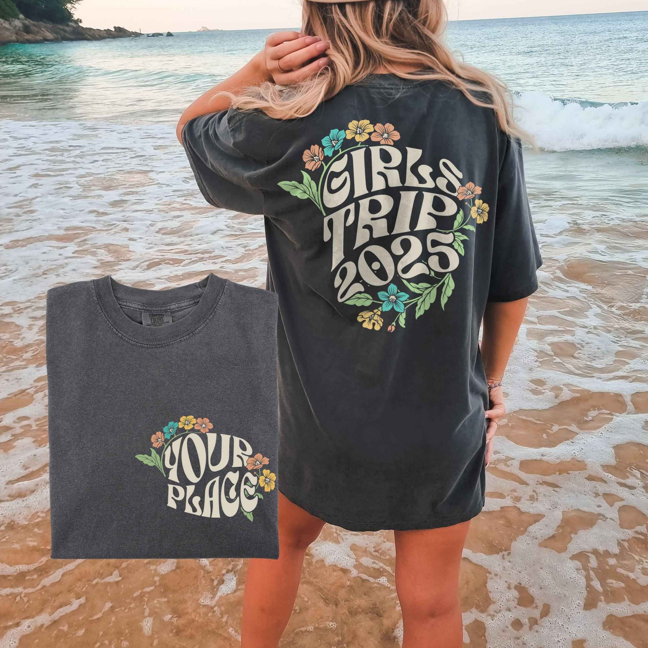 Woman wearing custom matching 60s or 70s retro floral girls trip shirts for group vacation shown in Comfort Colors pepper