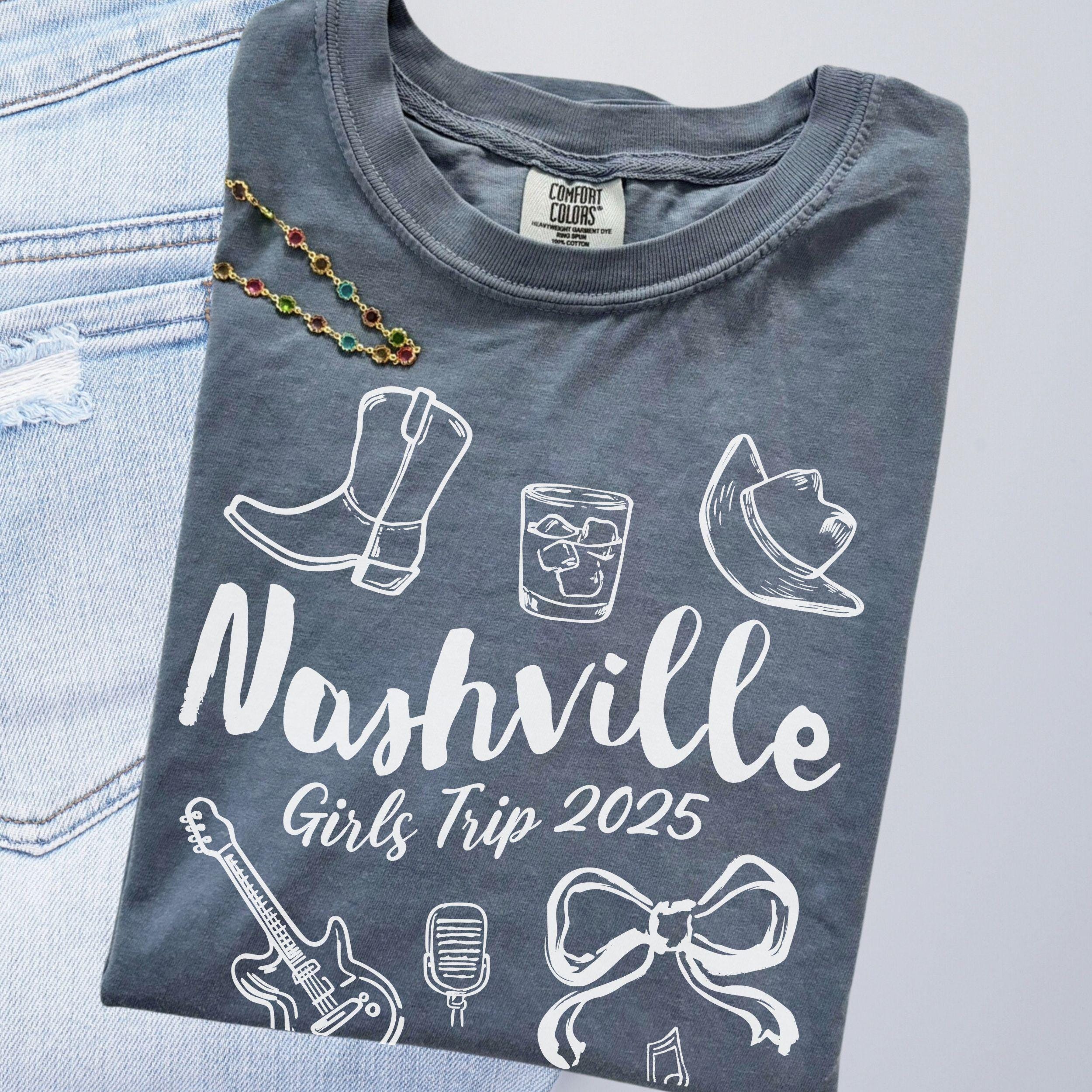 Nashville Girls Trip Shirts, Coquette Bow Comfort Colors® Girls Weekend Southern Travel Doodle TShirt Tennessee Matching Group Vacation