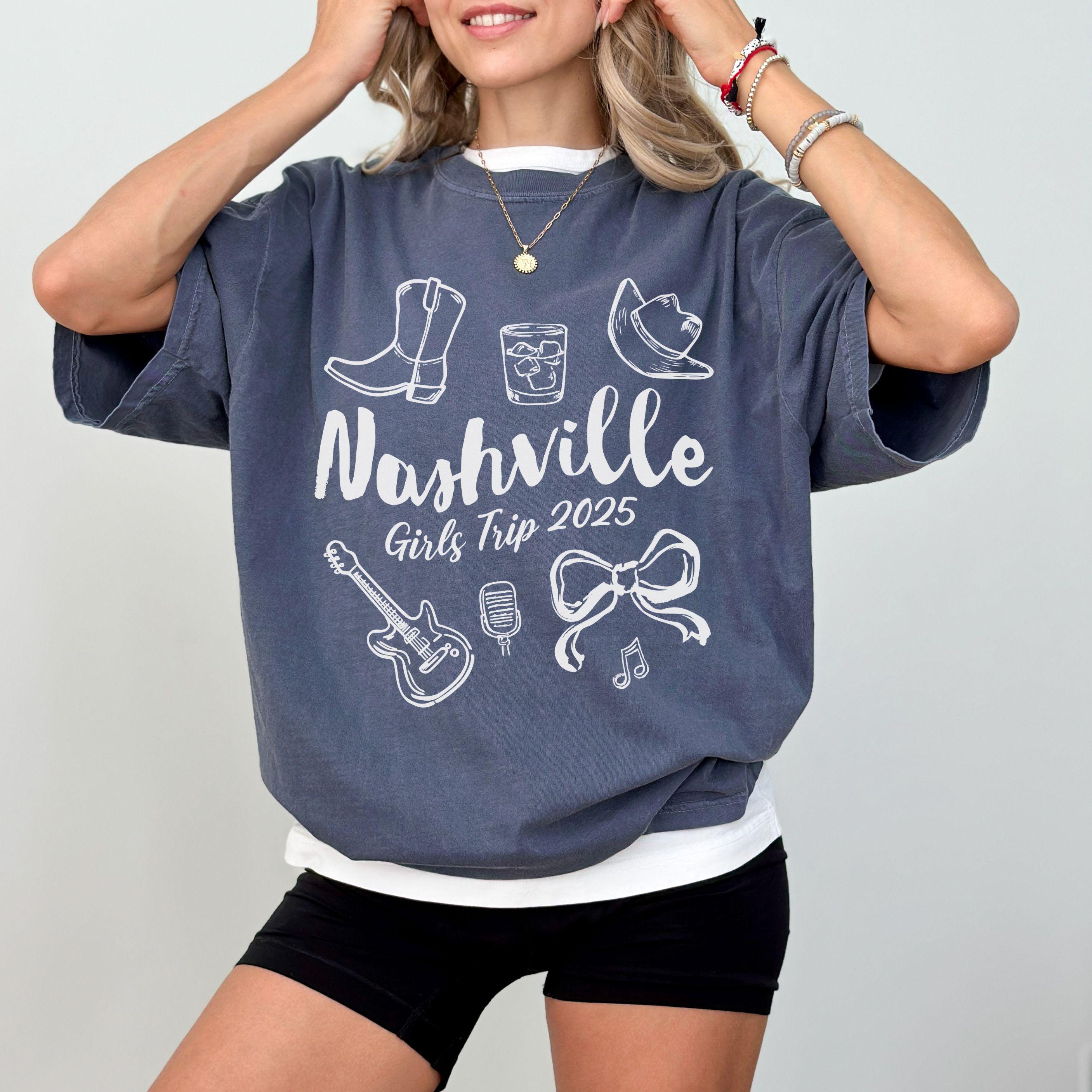 Nashville Girls Trip Shirts, Coquette Bow Comfort Colors® Girls Weekend Southern Travel Doodle TShirt Tennessee Matching Group Vacation