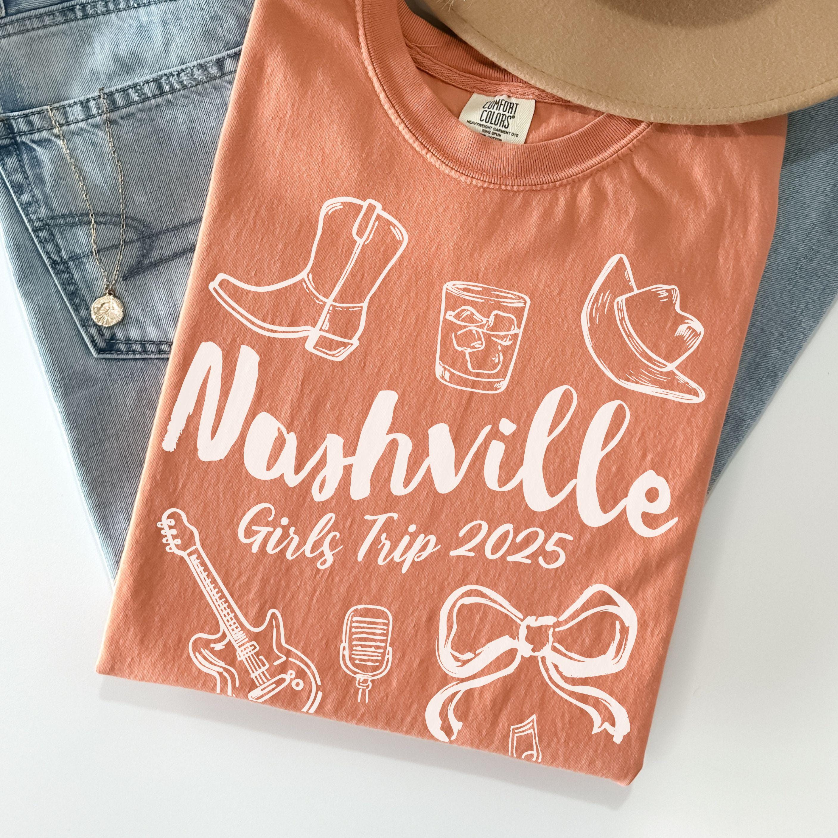 Nashville Girls Trip Shirts, Coquette Bow Comfort Colors® Girls Weekend Southern Travel Doodle TShirt Tennessee Matching Group Vacation