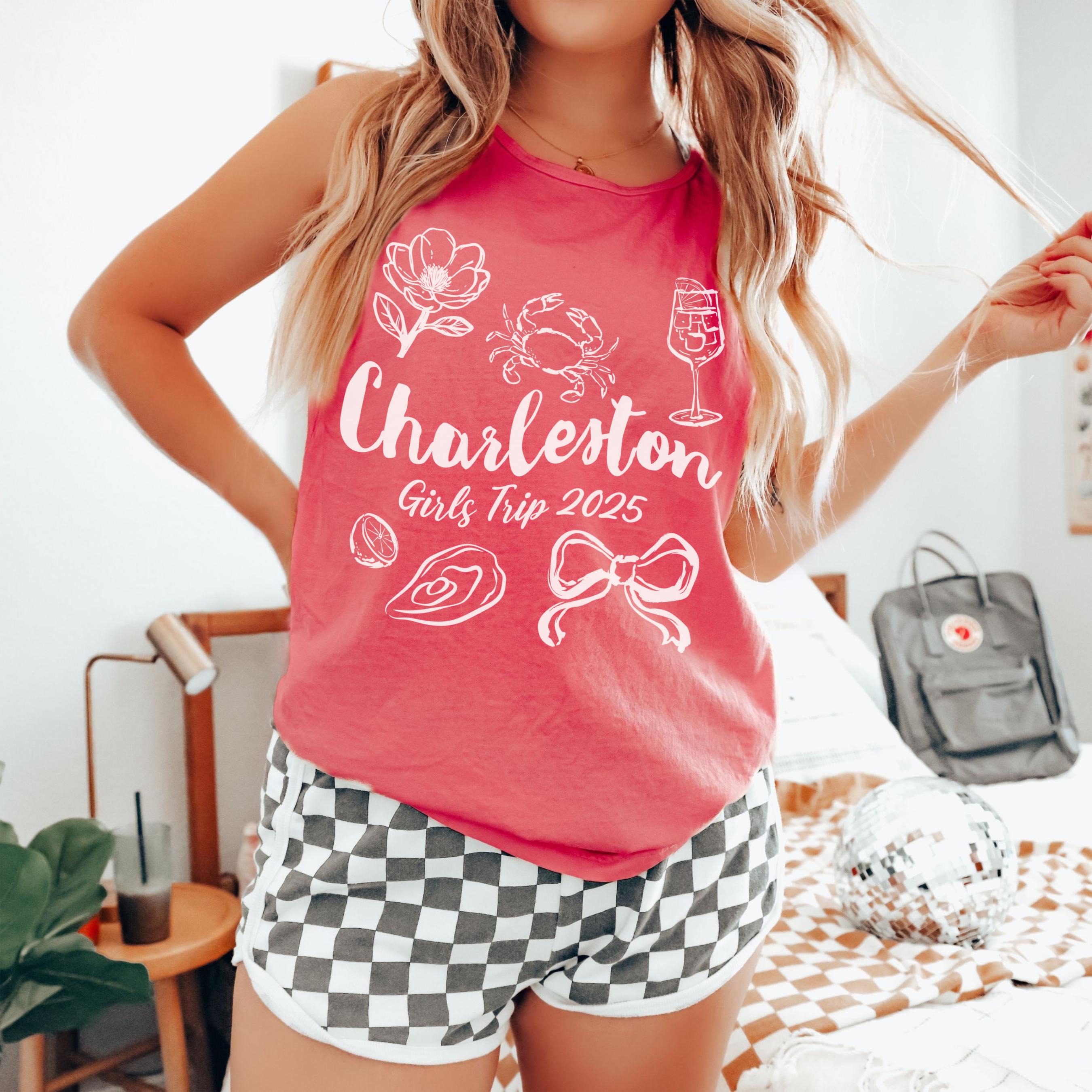 Charleston girls trip shirt with coquette bow and travel doodle design, printed on Comfort Colors Watermelon tank for matching group vacations