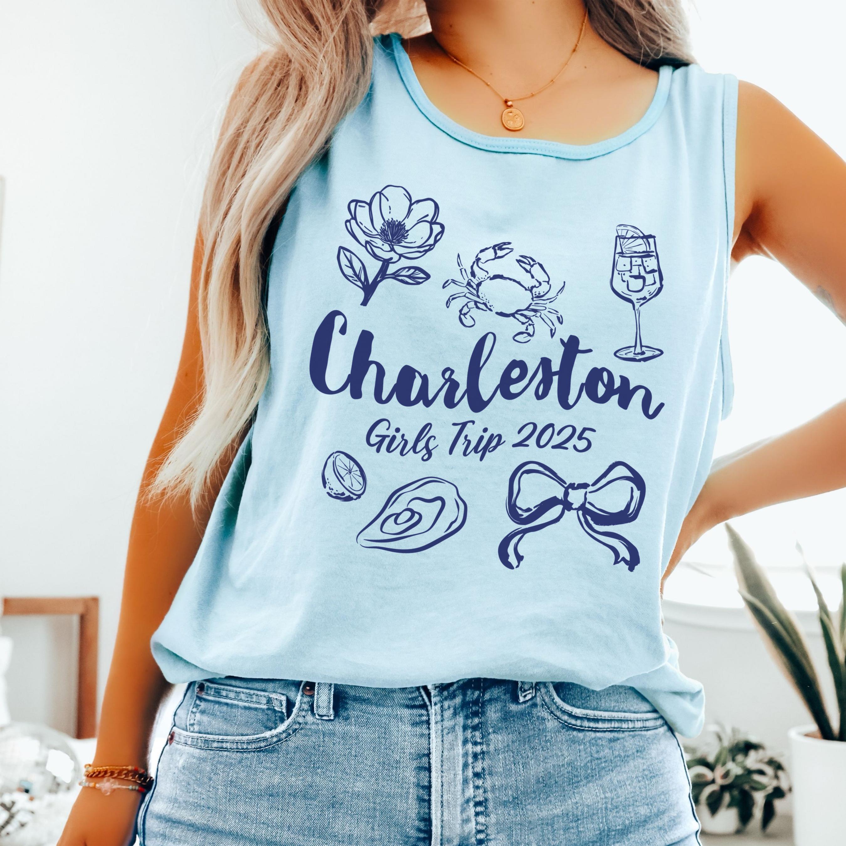 Charleston girls trip shirt with coquette bow and travel doodle design, printed on Comfort Colors Chambray tank for matching group vacations