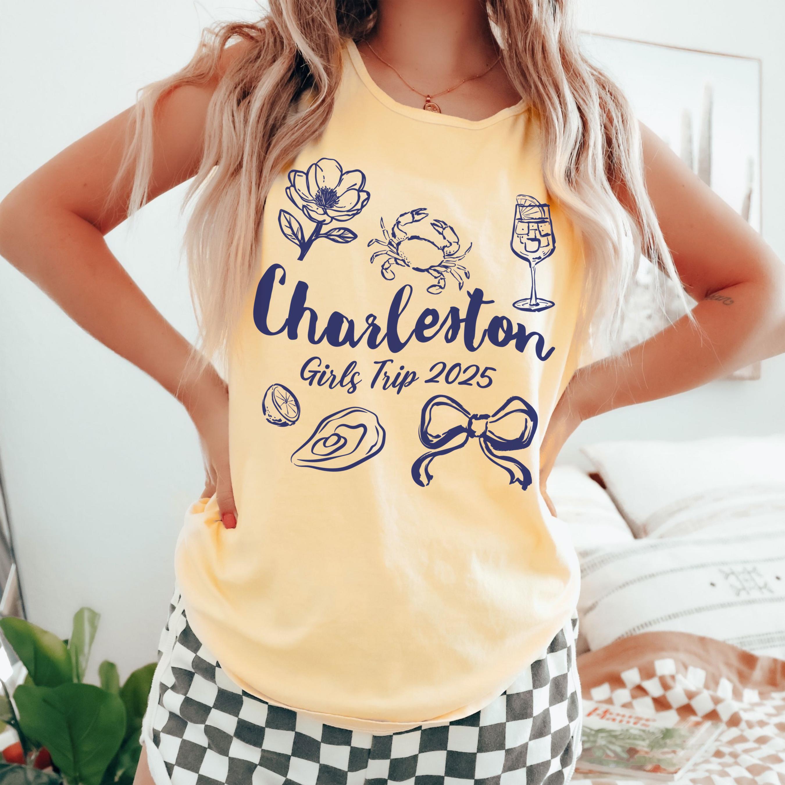 Charleston girls trip shirt with coquette bow and travel doodle design, printed on Comfort Colors Butter tank for matching group vacations