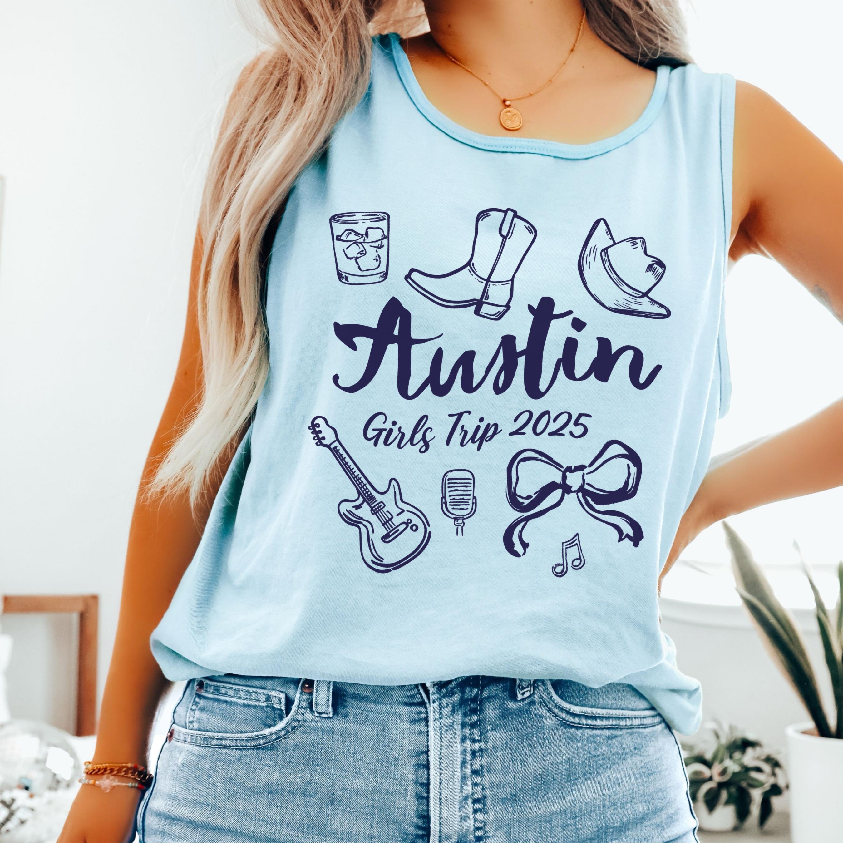 Austin girls trip shirt with coquette bow and travel doodle design, printed on Comfort Colors Chambray tank for matching group vacations