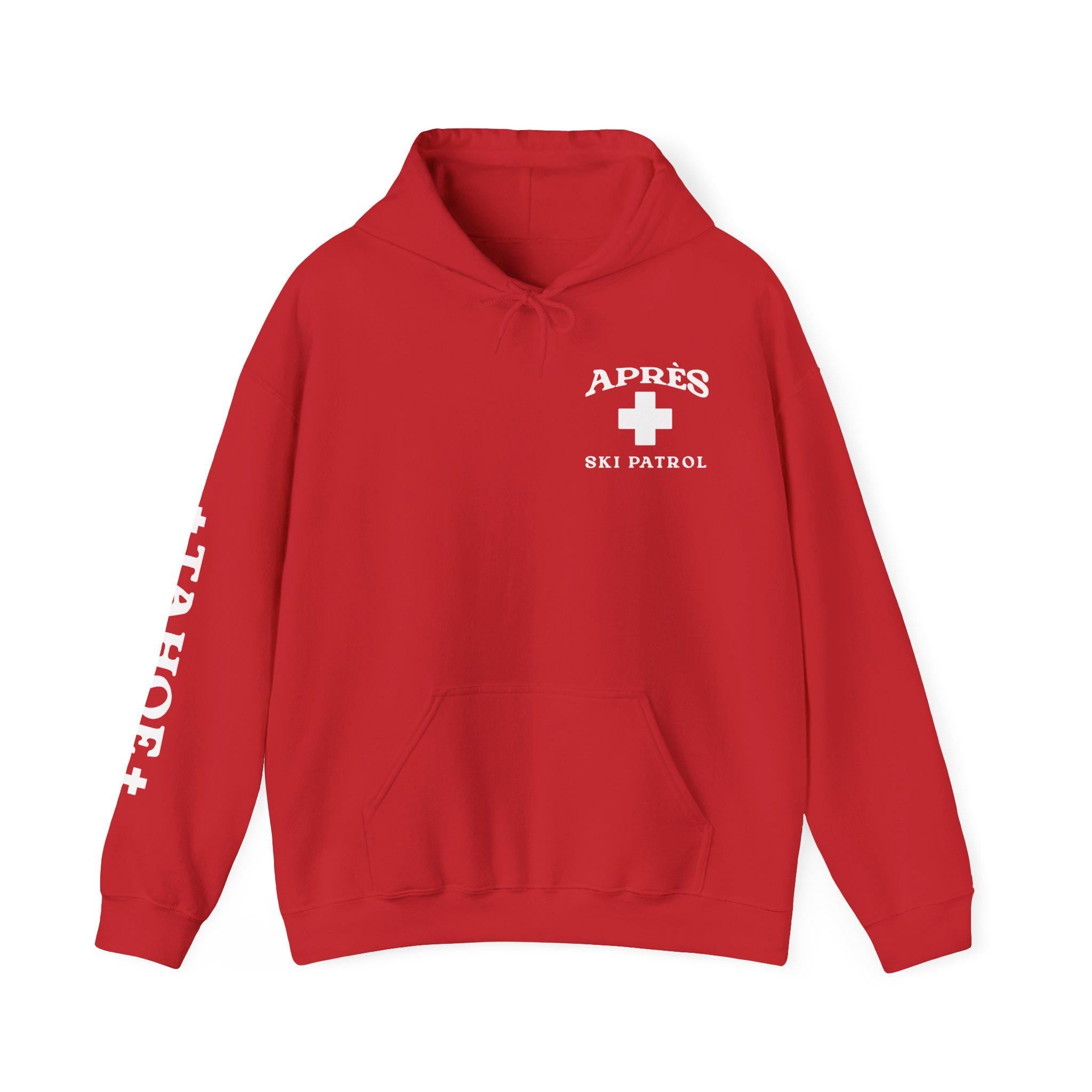 Woman wearing Custom Matching Group Apres Ski Patrol Red Cross ski trip oversized Hoodie