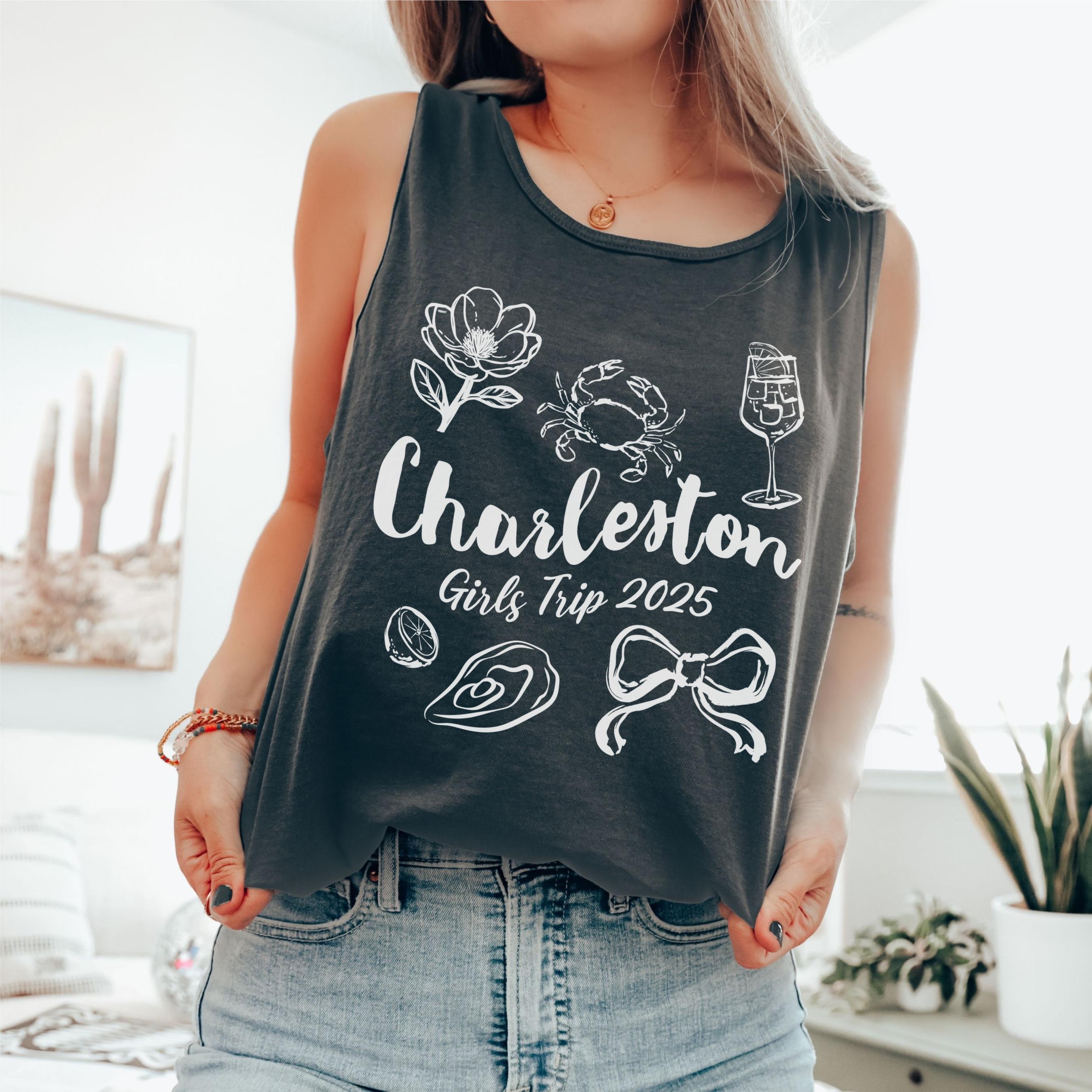 Charleston girls trip shirt with coquette bow and travel doodle design, printed on Comfort Colors Pepper tank for matching group vacations