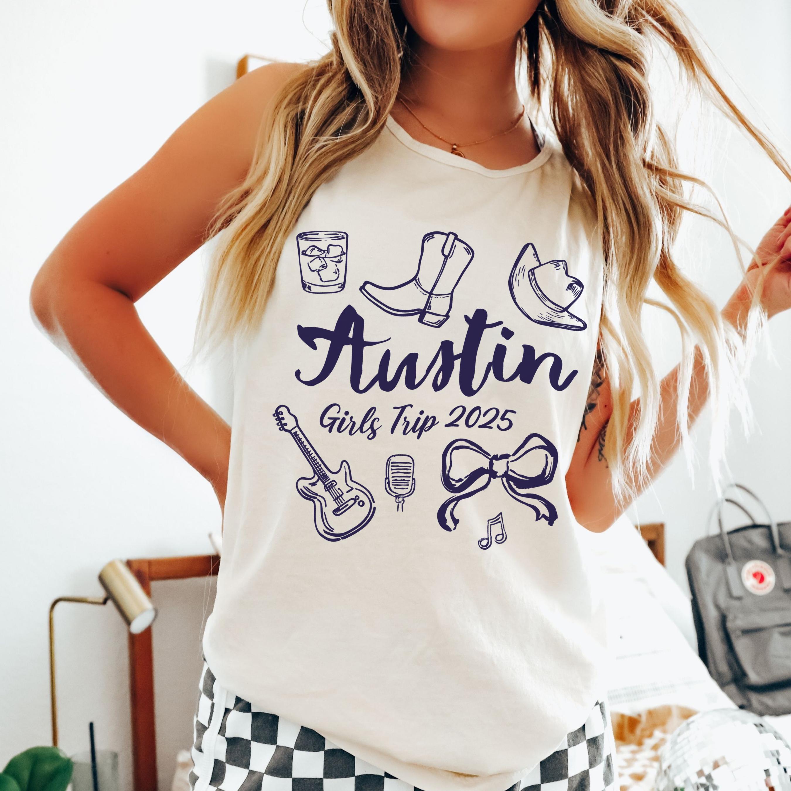 Austin girls trip shirt with coquette bow and travel doodle design, printed on Comfort Colors Ivory tank top for matching group vacations