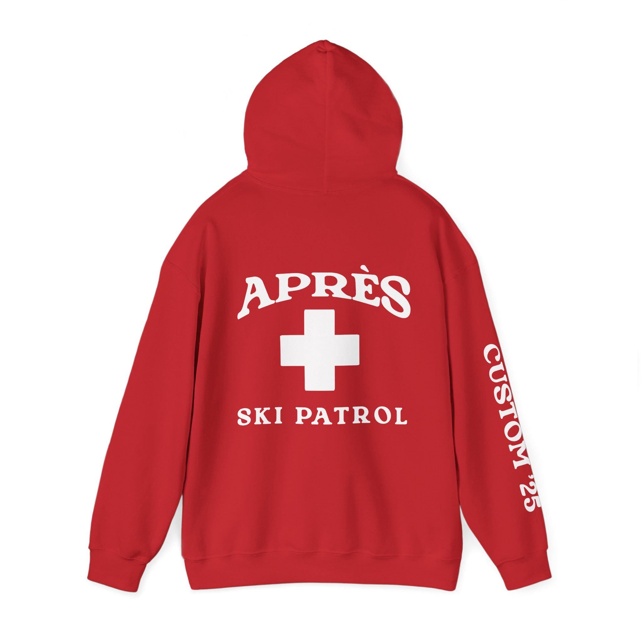 Woman wearing Custom Matching Group Apres Ski Patrol Red Cross ski trip oversized Hoodie