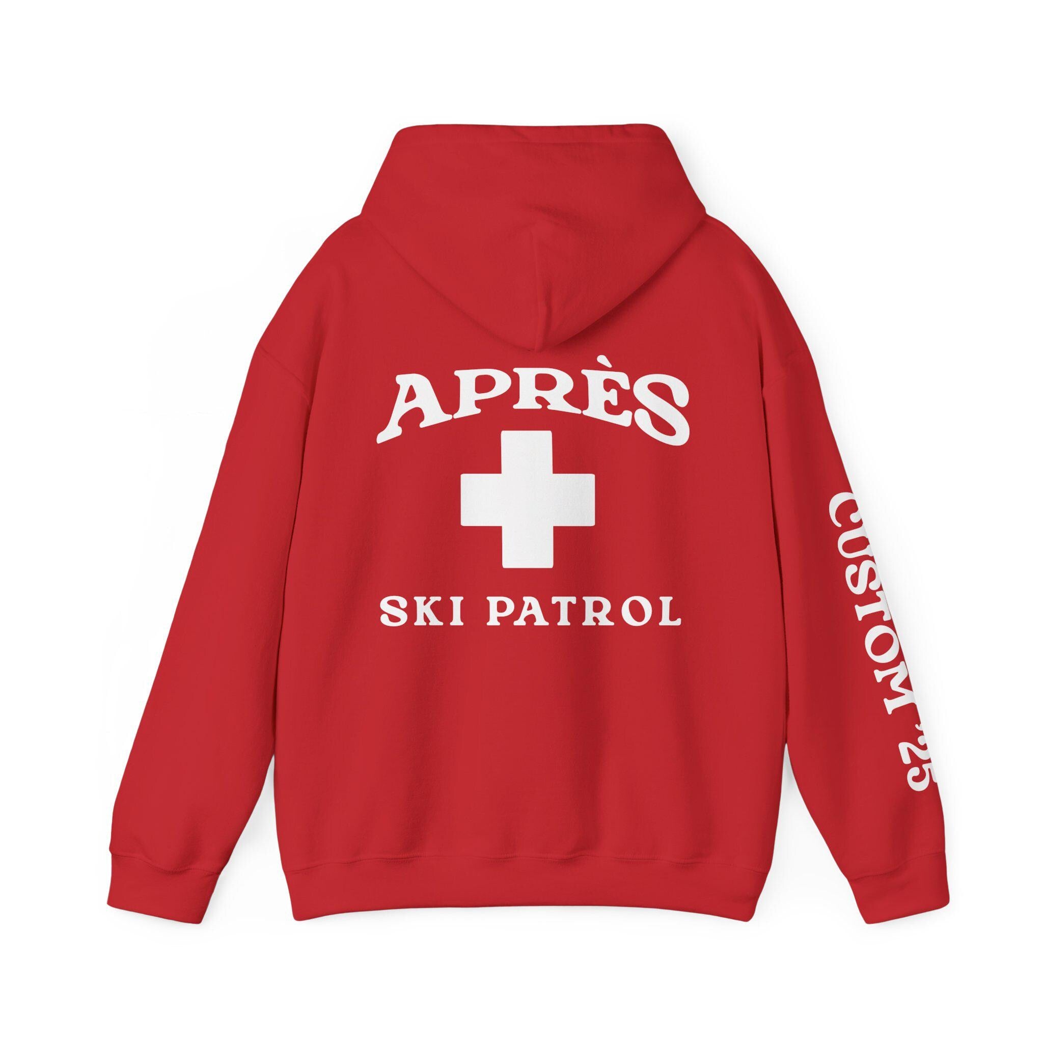 Woman wearing Custom Matching Group Apres Ski Patrol Red Cross ski trip oversized Hoodie