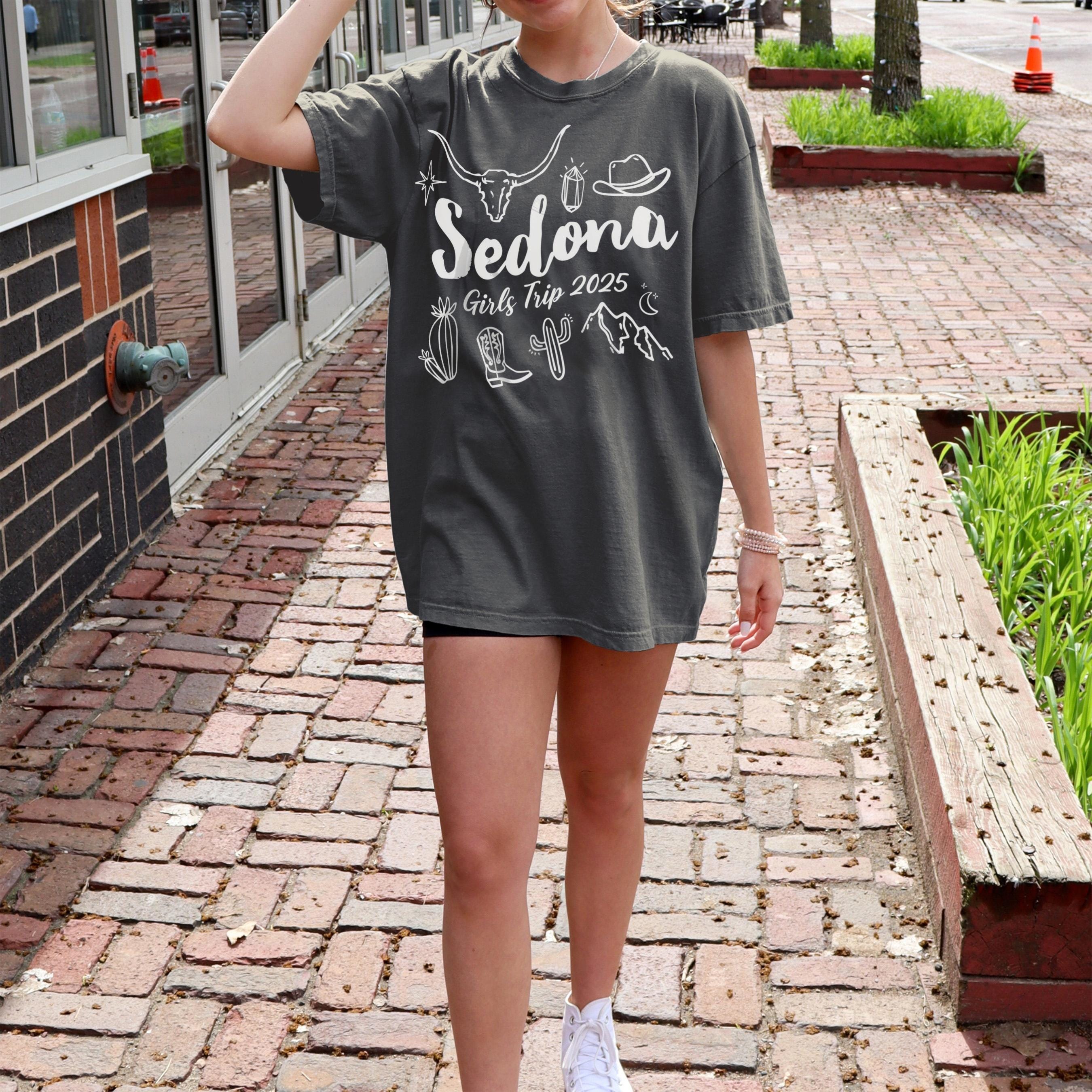 Matching Sedona Arizona desert girls weekend trip shirt with Western doodle design, featuring cactus and skull on Comfort Colors Pepper