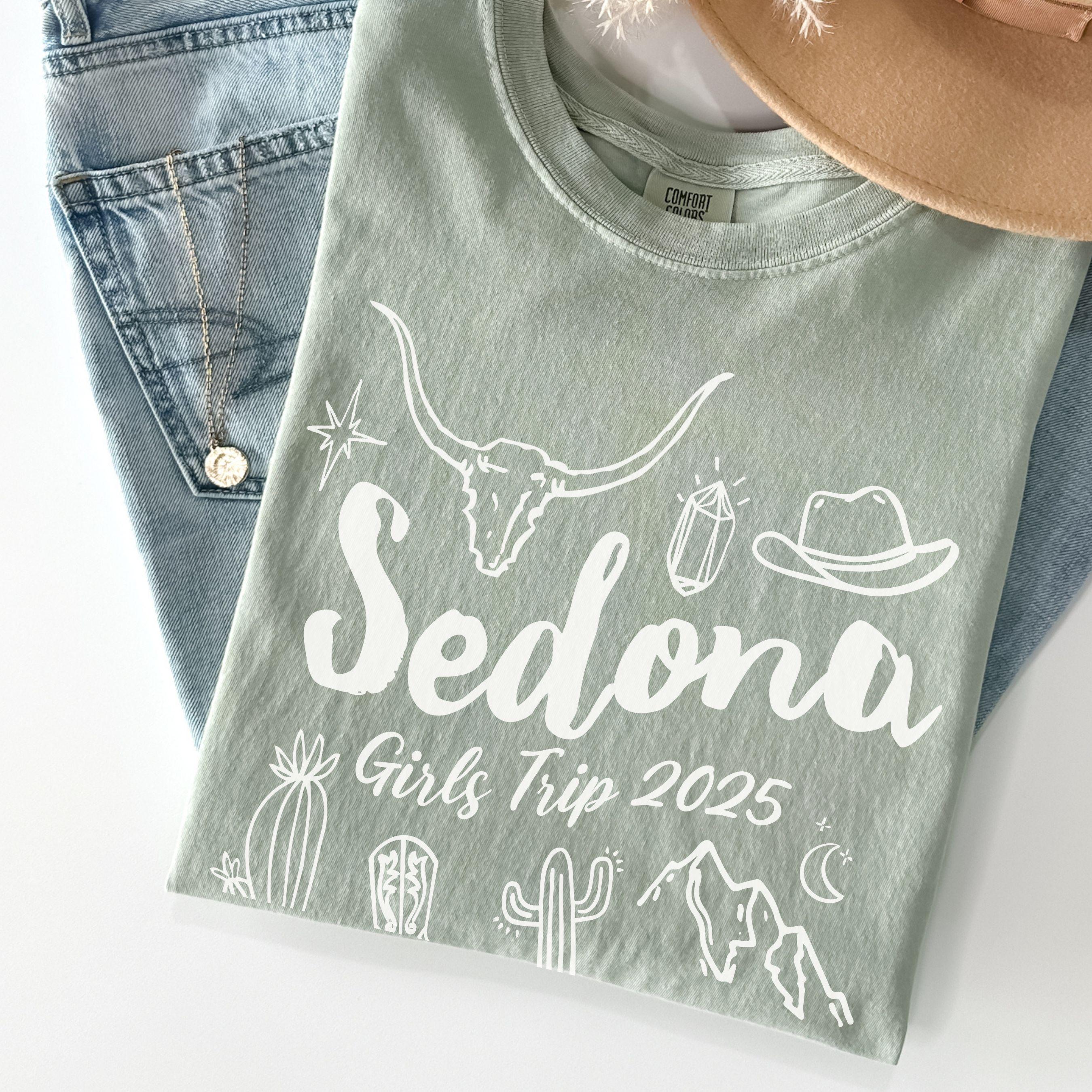 Matching Sedona Arizona desert girls weekend trip shirt with Western doodle design, featuring cactus and skull on Comfort Colors Bay