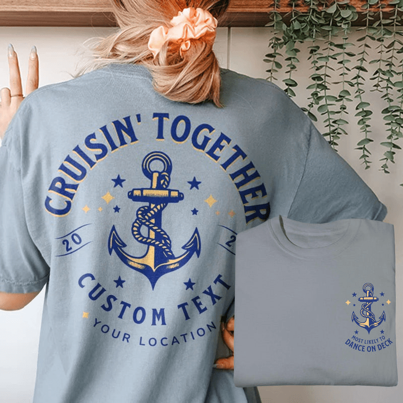 Custom matching family cruise shirts on Comfort Colors Granite with “Most Likely To” design, perfect for group vacation trips