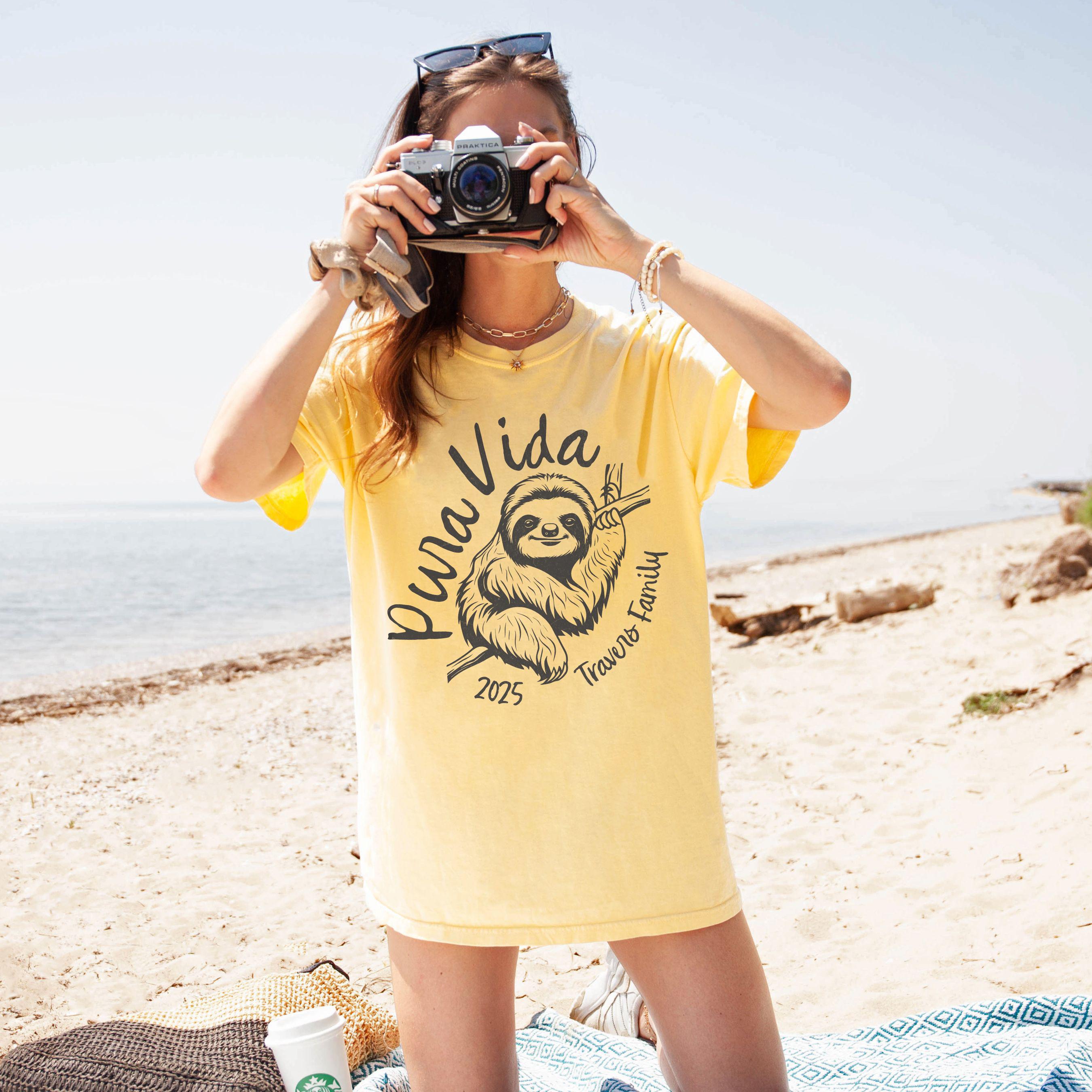 Costa Rica Pura Vida sloth design on Comfort Colors Butter matching family vacation shirt.