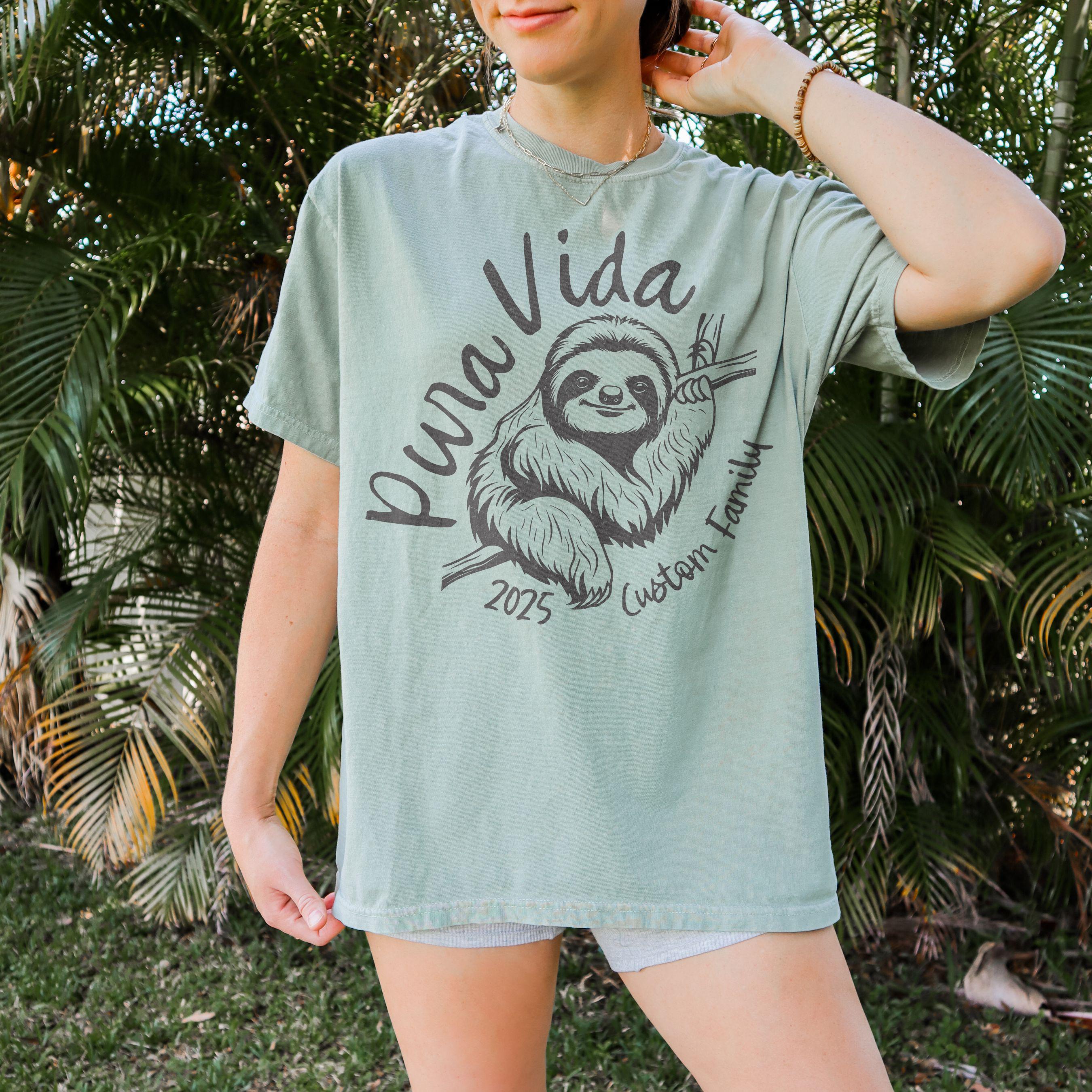 Costa Rica Pura Vida sloth design on Comfort Colors Bay matching family vacation shirt.
