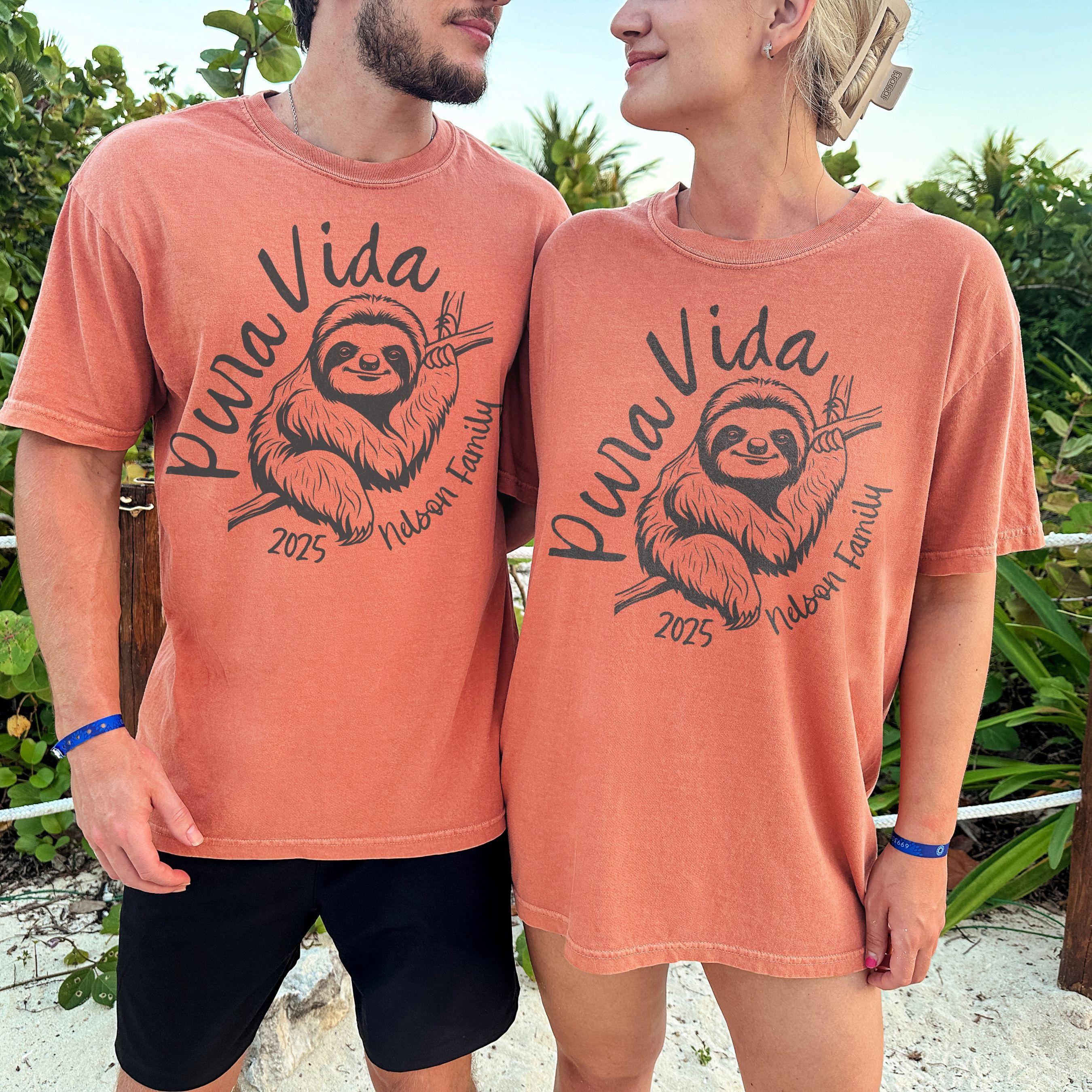 Costa Rica Pura Vida sloth design on Comfort Colors Terracotta matching couple vacation shirt.